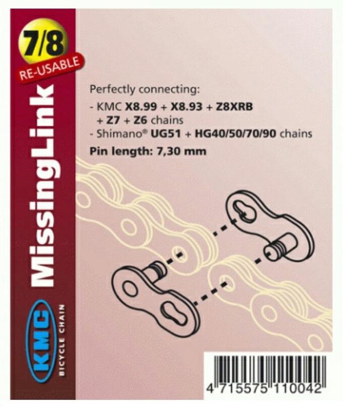Attache rapide KMC Missinglink pour chaînes 8 vitesses 7,3mm