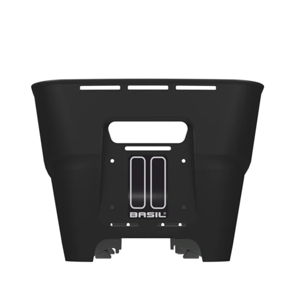 Hinteransicht des Basil Cento Neo WSL Velokorbs in Schwarz, mit sichtbarer WSL-Montageplatte