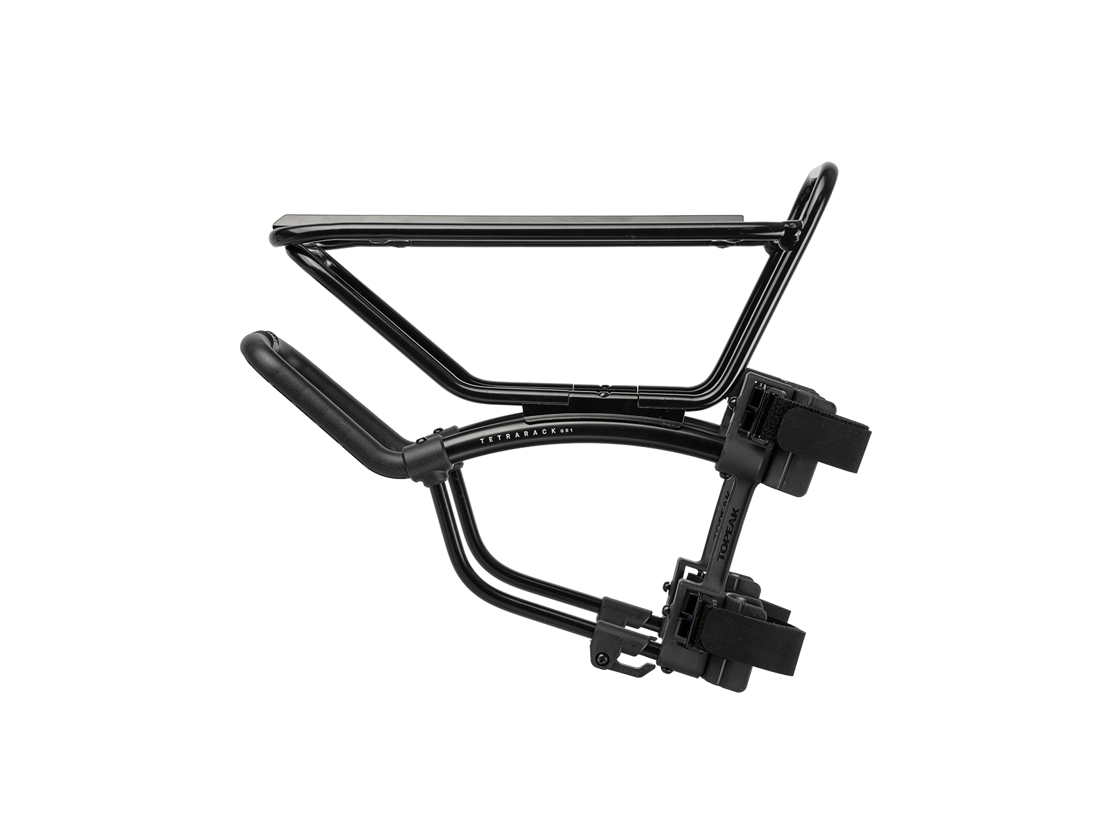 Topeak TetraRak GR1 Gepäckträger für Vorne in schwarz, mit Strapmontage an die starre Gabel, Seitenansicht