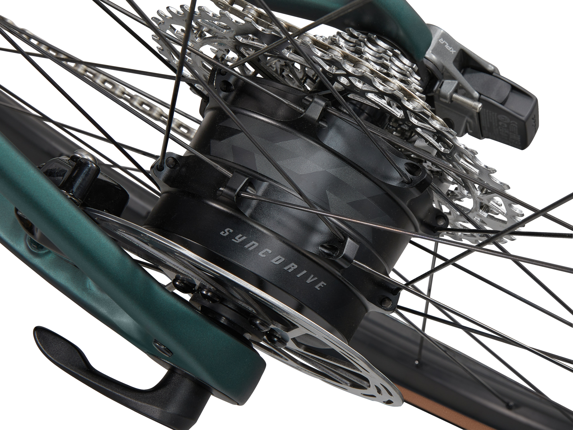 Vélo gravel électrique carbone Giant Defy Advanced E+ Elite AR, détail moteur roue arrière SyncDrive