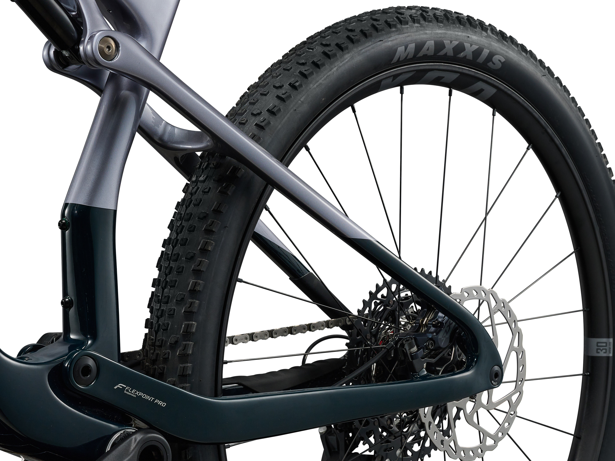 Giant Anthem Advanced SL 2 Full-Suspension MTB aus Carbon in dunkelgründ-silber, Detailansicht Hinterbau mit Scheibenbremse