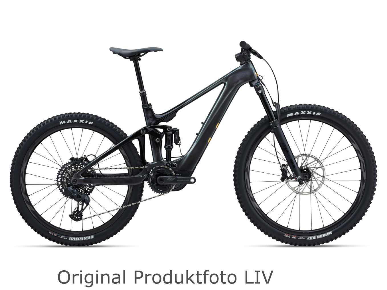 VTT électrique carbone tout-suspendu Liv Intrigue X Advanced E+ Elite 1 en airglow black avec moteur 85 Nm, vue côté droit