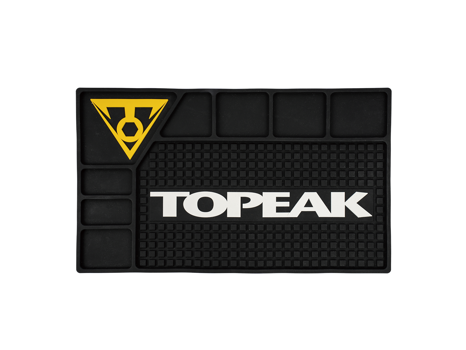 Topeak Silikon-Werkbankauflage in Draufsicht – schwarze Matte mit strukturierten Feldern, Unterteilungen für Kleinteile und grossem Topeak-Schriftzug.