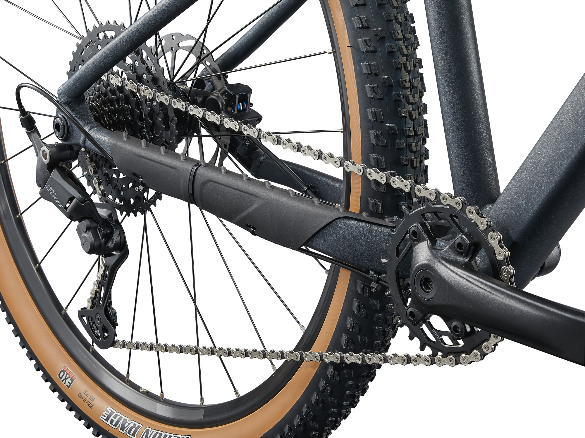 Liv Damen-MTB Hardtail in dunklem grau mit hellblauer Aufschrift, Detailansicht Antrieb und Schaltung