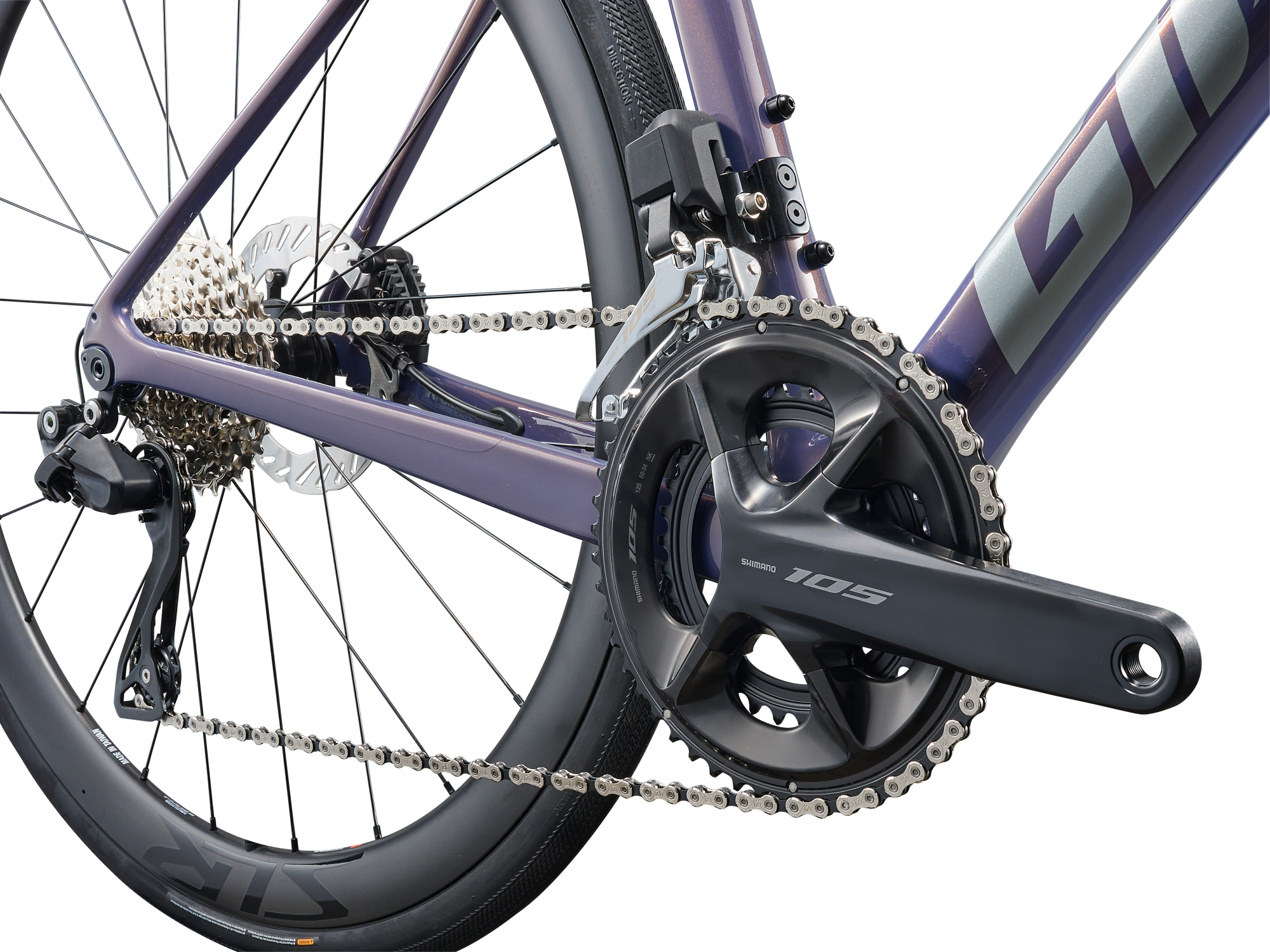 Rennrad der Marke Giant, Modell Defy Advanced 0 in dunkelaltrose metallic, Detailansicht Tretlager