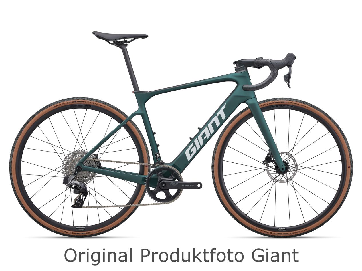 Vélo gravel électrique carbone Giant Defy Advanced E+ Elite AR en vert (kelp forest) avec moteur SyncDrive, vue côté droit