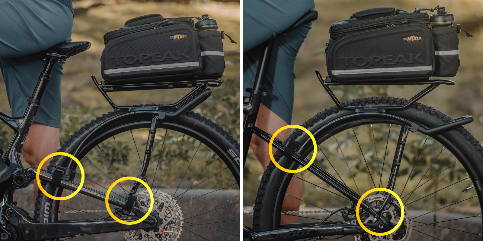 Topeak TetraRack M2 HD Heckgepaecktraeger in Schwarz, Detailansicht der Befestigung an den Sitzstreben.