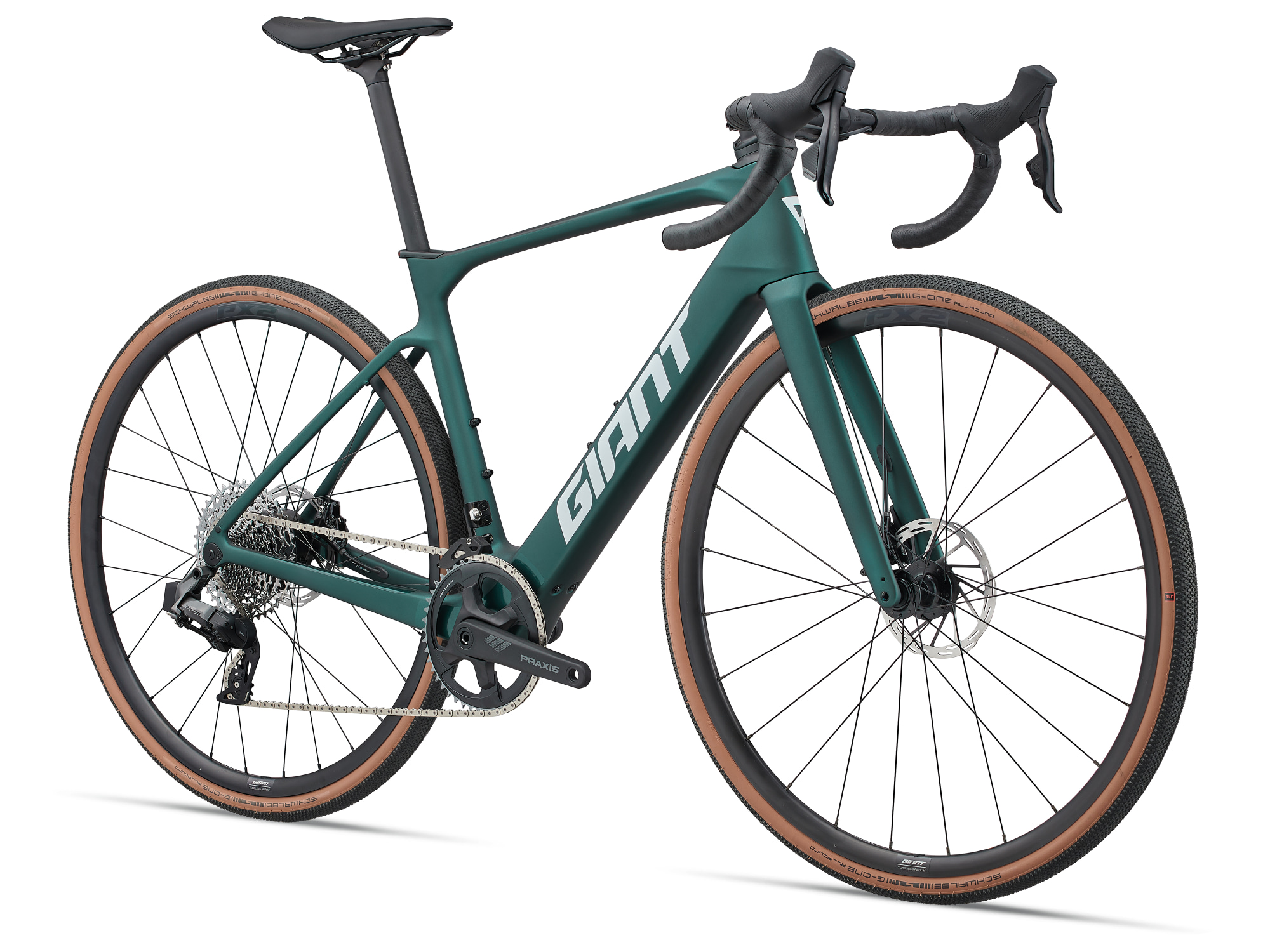 Vélo gravel électrique carbone Giant Defy Advanced E+ Elite AR en vert avec moteur SyncDrive, vue trois quarts avant droit