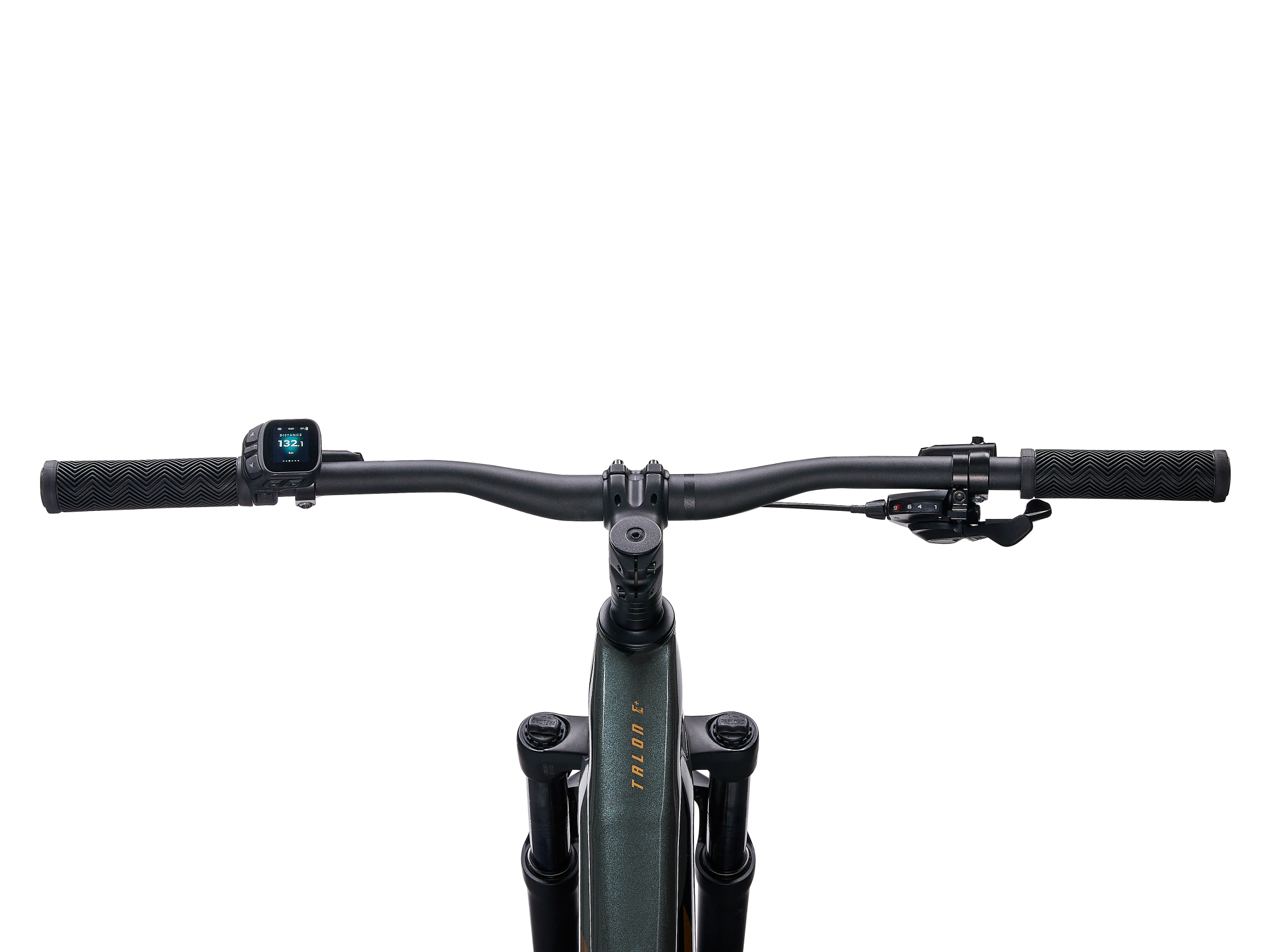 Giant E-MTB Talon E+ ind dunklem grün , Detailansicht Lenker von oben mit Display