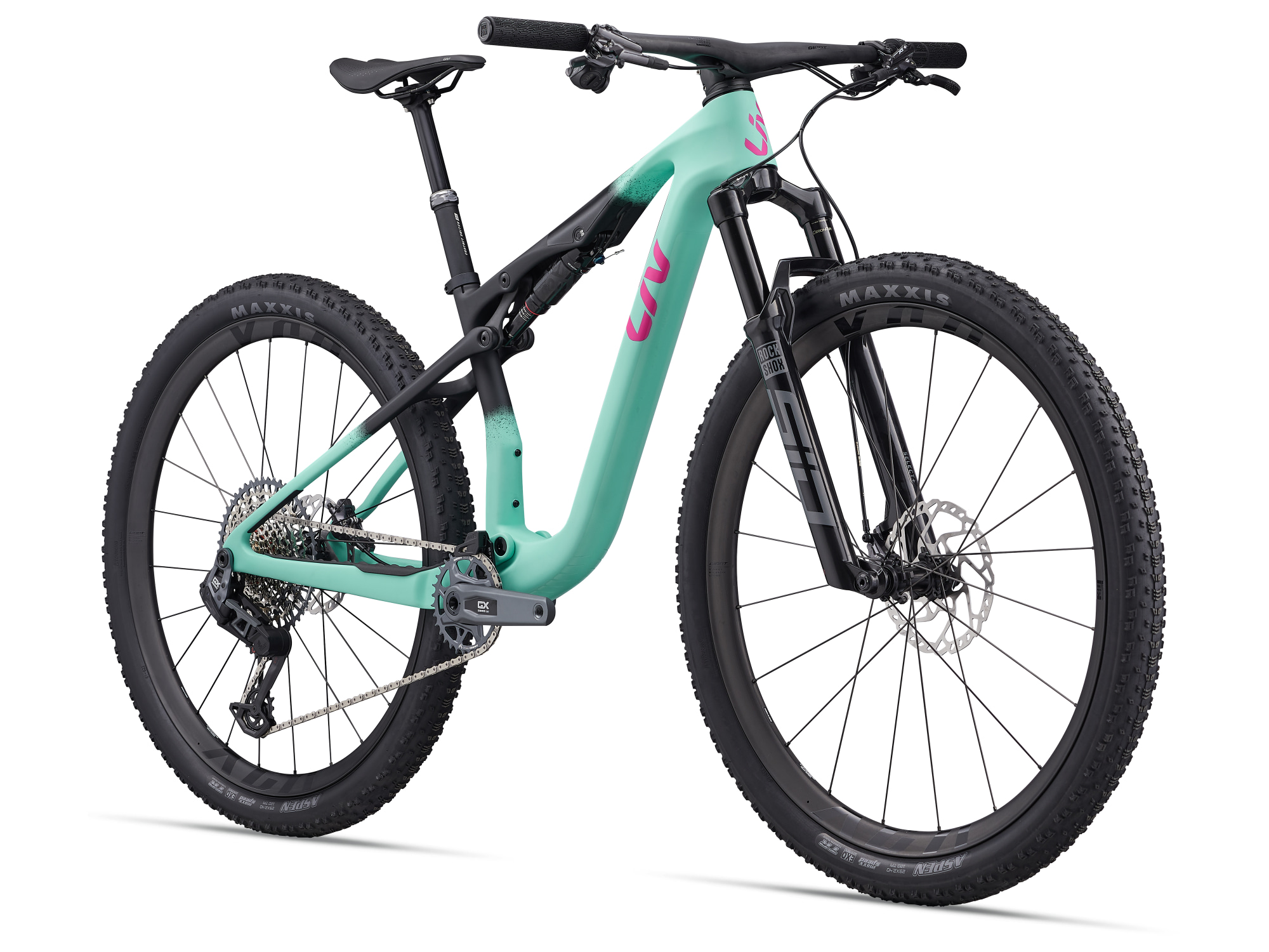Liv Pique Advanced SL 1 Mountainbike in Lake Green mit Vollfederung und Carbonrahmen.