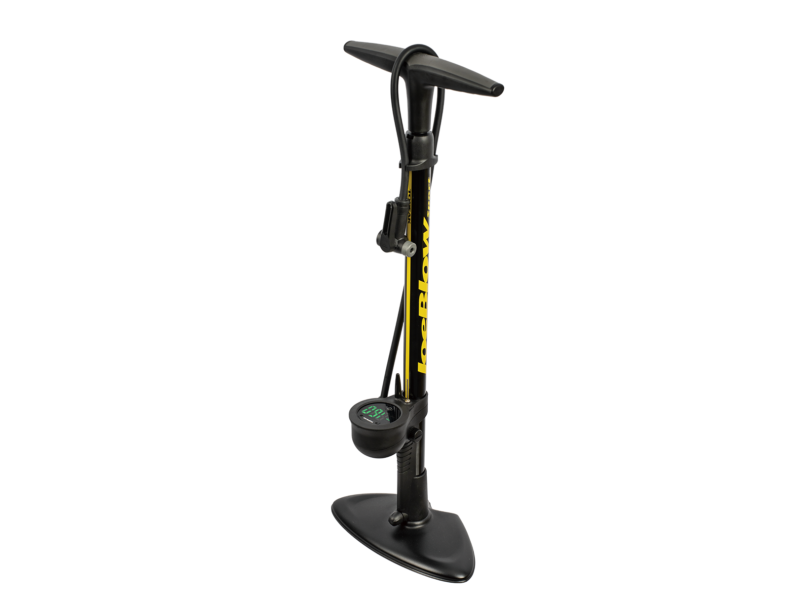 Topeak Joeblow Sport Digital 2.0 Standpumpe in voller Ansicht – schwarzer Stahlkörper mit gelbem Logo, ergonomischem Griff und grossem LED-Digitaldisplay.