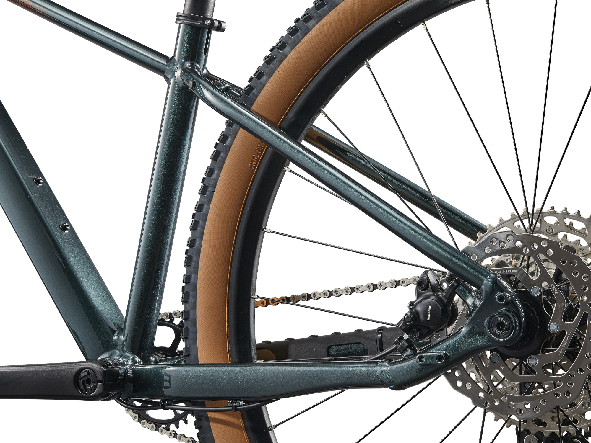 Liv MTB Hardtail in dunkelgrün mit oranger Aufschrift, Federgbel, Detailansicht Hinterbau mit Scheibenbremse