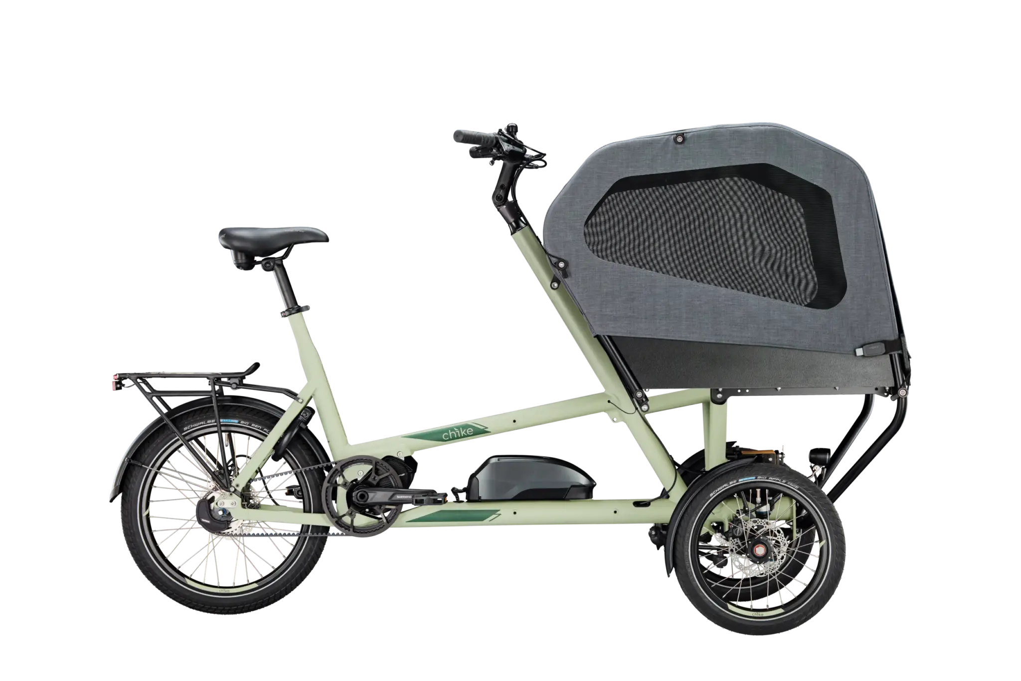 Chike E-Dog Elektro-Lastenrad in salbeigrün mit geschlossener Hundebox, Seitenansicht freigestellt auf weißem Hintergrund