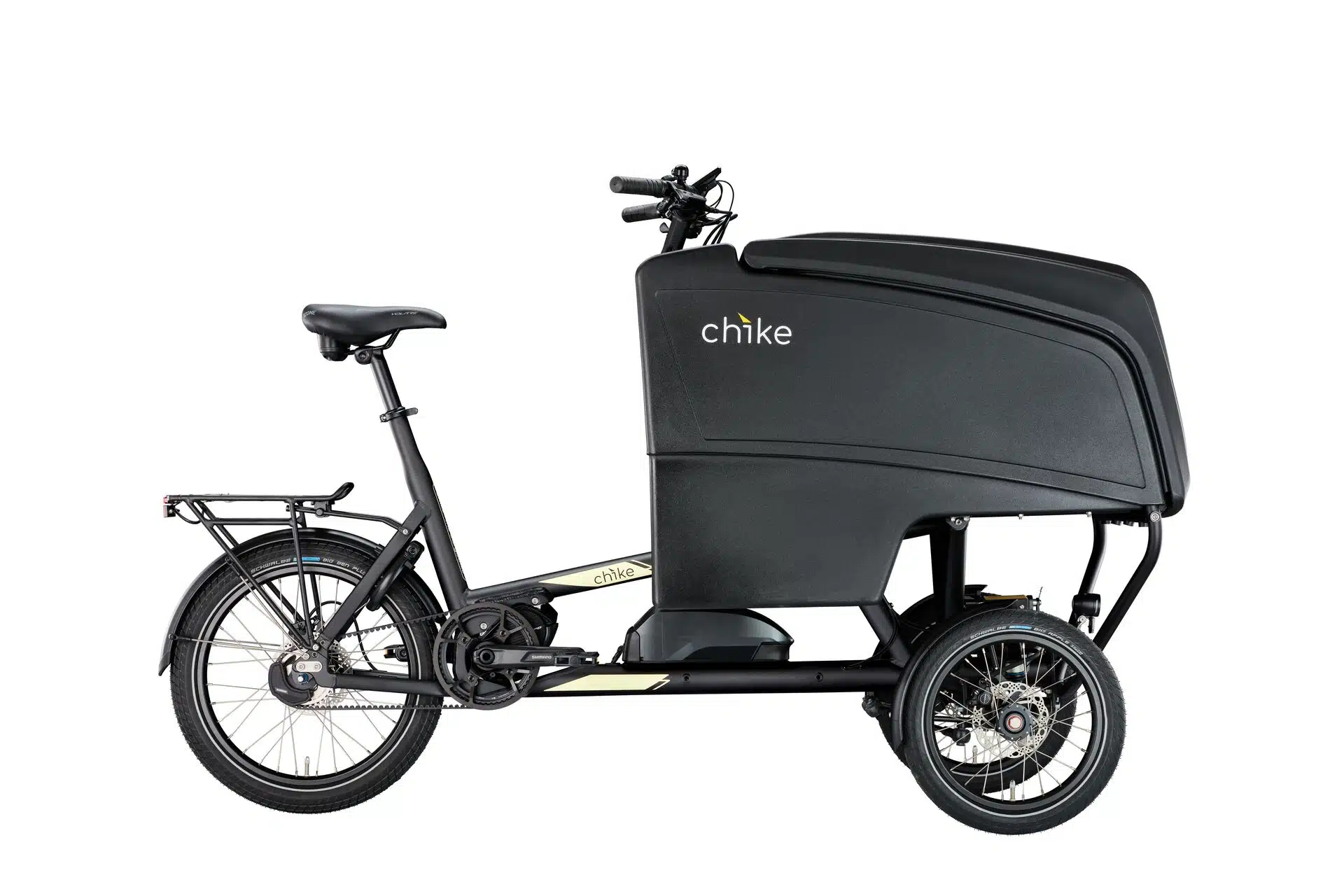chike E‑Cargo Pro Lastenrad in Schwarz matt in Seitenansicht.