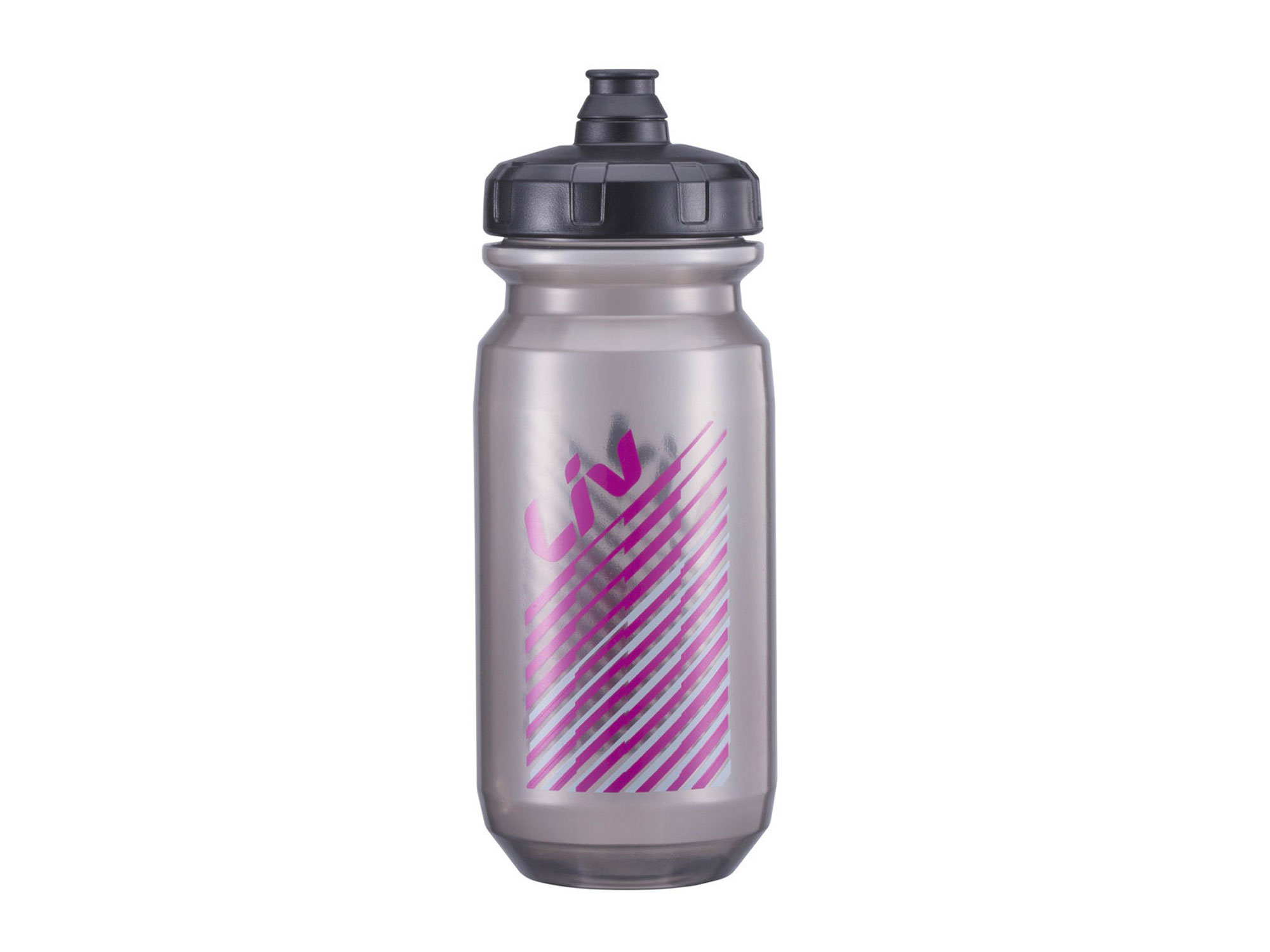 Liv PourFast Double Spring Trinkflasche in transparent mit schwarzem Deckel und pinkem Grafikdesign.