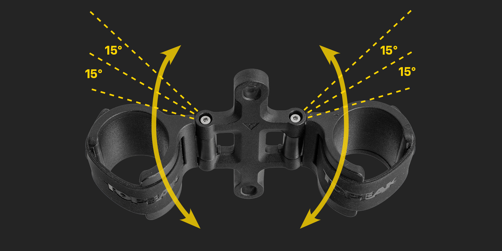 Topeak Cage Side Mount Halterung mit grafischer Darstellung des verstellbaren Winkels in 15°-Schritten.