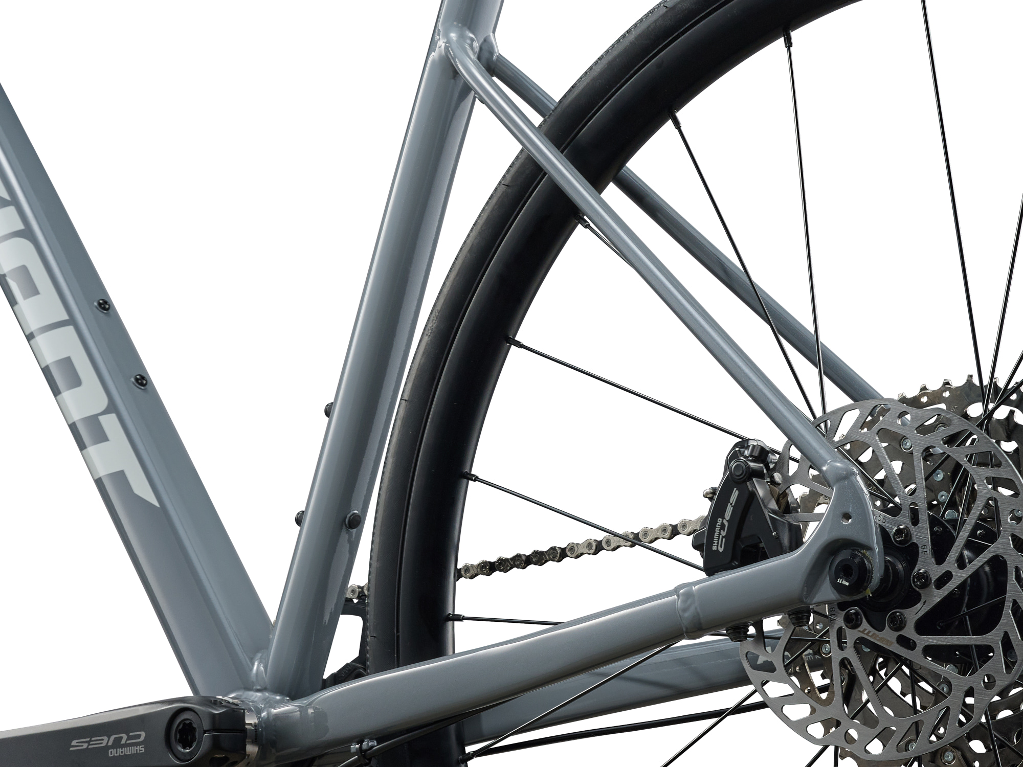 Giant Contend AR 1 Gravelbike in Stardust Grey mit Hinterbau und Scheibenbremse in Detailansicht