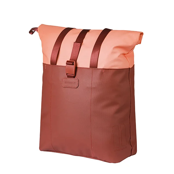 Basil Vive Shopper MIK‑Hook in Burgund/Pink, schräg von vorne mit geschlossenem Rollverschluss und Tragegurten.