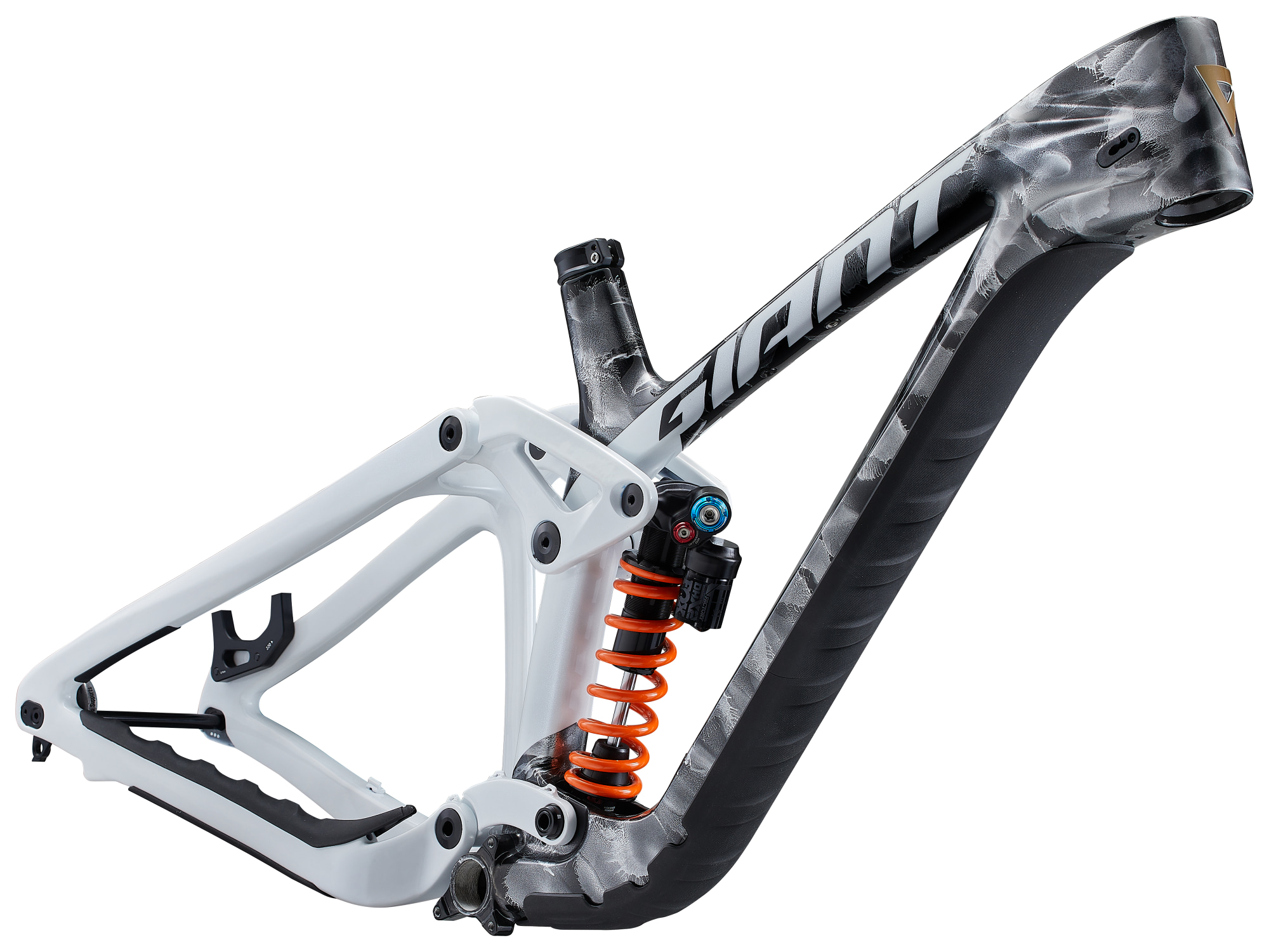 Giant Glory Advanced Frameset in Quarry, komplette Seitenansicht mit Hinterbau und Daempfer.