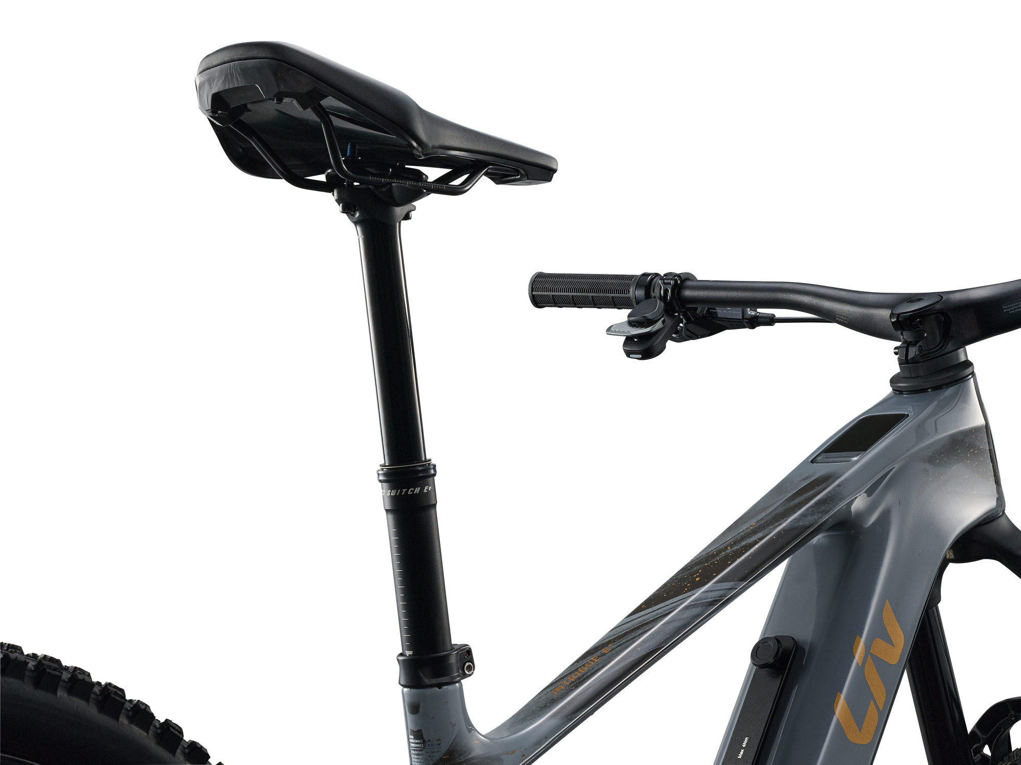 Liv Intrigue X Advanced E+ 1 E-Mountainbike in Stardust Grey mit Dropper-Sattelstütze.