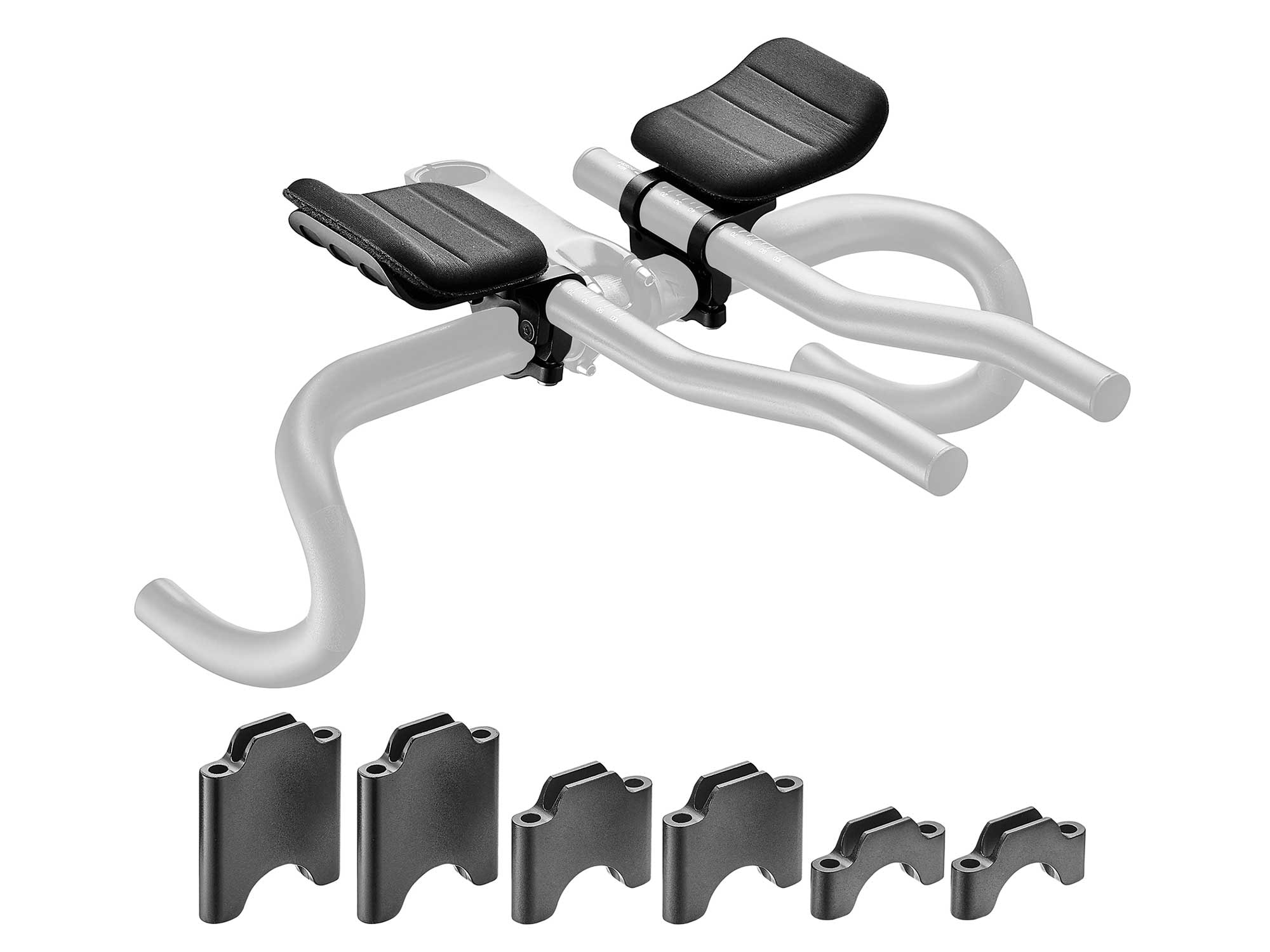 Giant Contact SL Clip-On Aero-Lenkeraufsatz mit gepolsterten Armauflagen und mehreren Adapter-Clamps für unterschiedliche Lenkerdurchmesser – optimiert für Triathlon- und Zeitfahr-Cockpits.