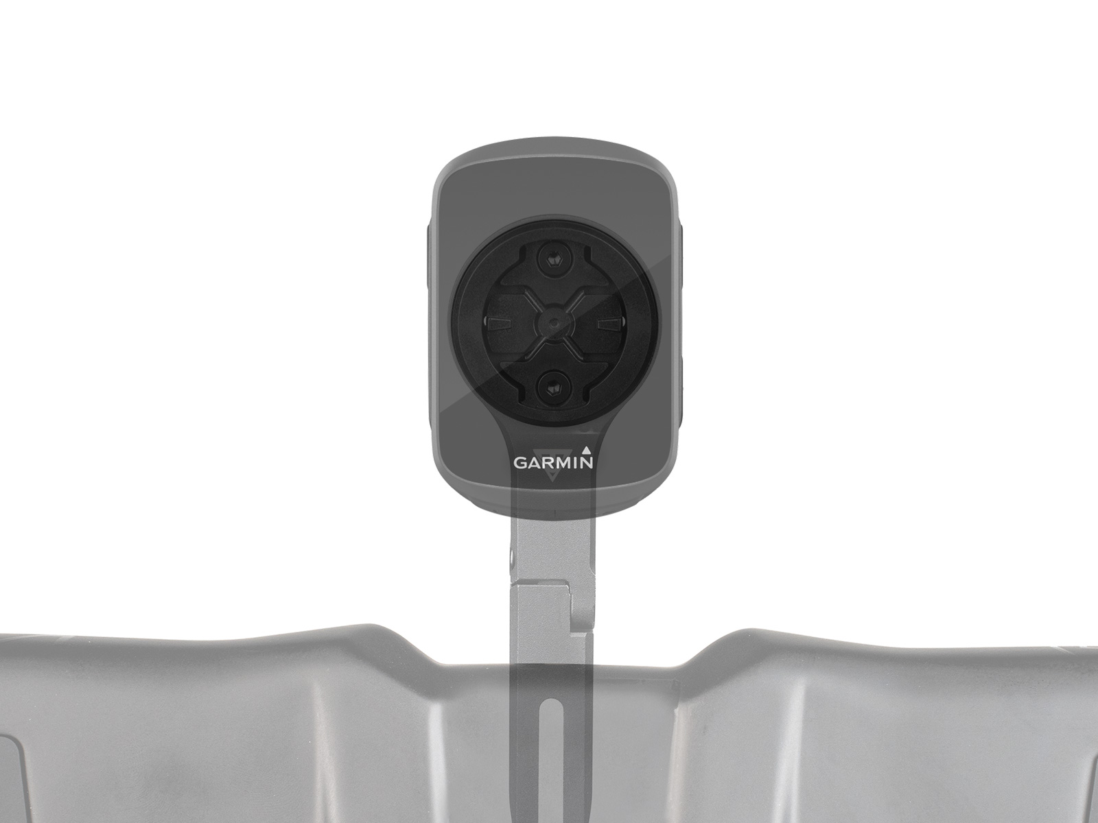 Schwarzer G-Gear Adapter II montiert auf einer grauen Halterung, mit transparent eingeblendeter Garmin-Gerät-Darstellung zur Veranschaulichung der Kompatibilität.