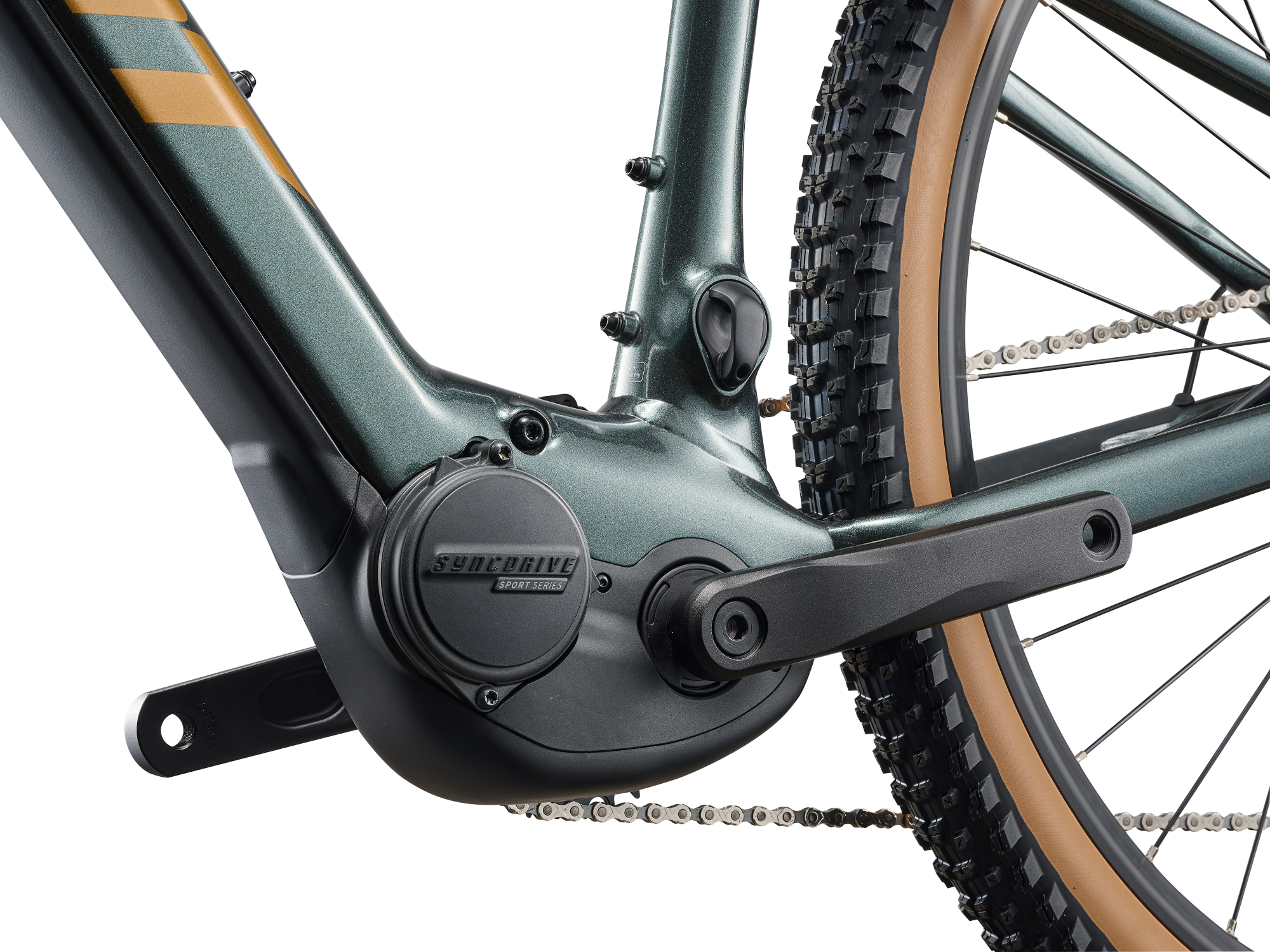Giant E-MTB Talon E+ ind dunklem grün , Detailansicht Motorbereich und Tretkurbel