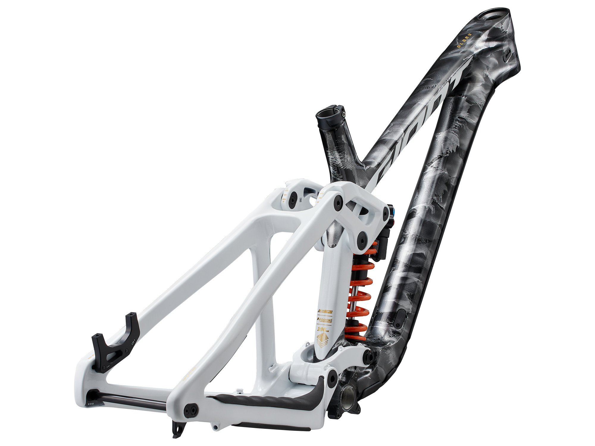 Giant Glory Advanced Frameset in Quarry, Seitenansicht mit Carbonrahmen und Federdaempfer.