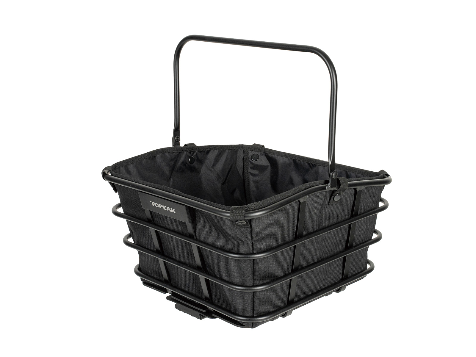 Topeak Urban Basket DX 18 Fahrradkorb in Schwarz, schräge Ansicht mit Drahtrahmen und montiertem Innenfutter.