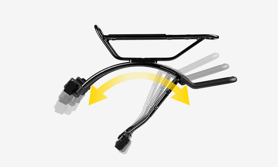 Topeak TetraRack M2 HD Heckgepaecktraeger in Schwarz, Darstellung der flexiblen Buegelbewegung.