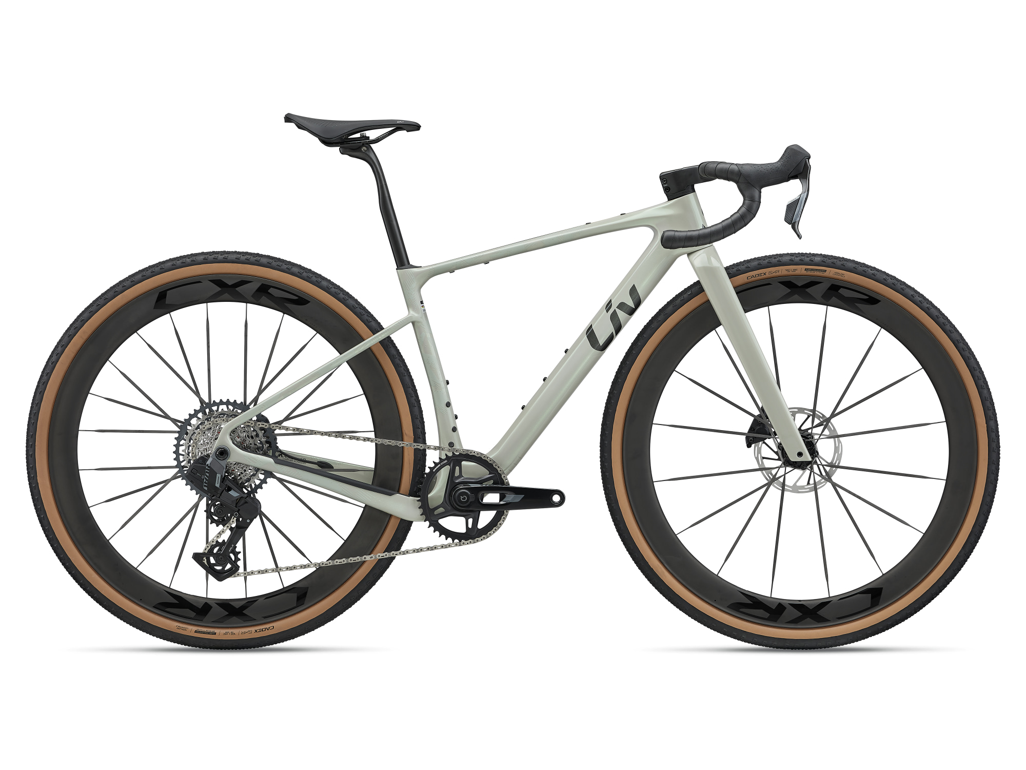 Liv Devote Advanced SL 2 Gravelbike in grün mit tiefen Carbonlaufrädern und kompletter Seitenansicht