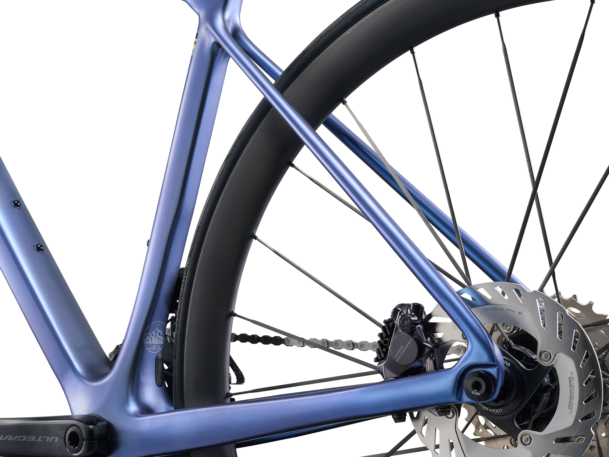 Liv Damen-Rennrad Langma Advance PRO 0 in Thundercloud blau mit Carbonrahmen und Carbongabel, Detailansicht Hinterbau mit Scheibenbremse