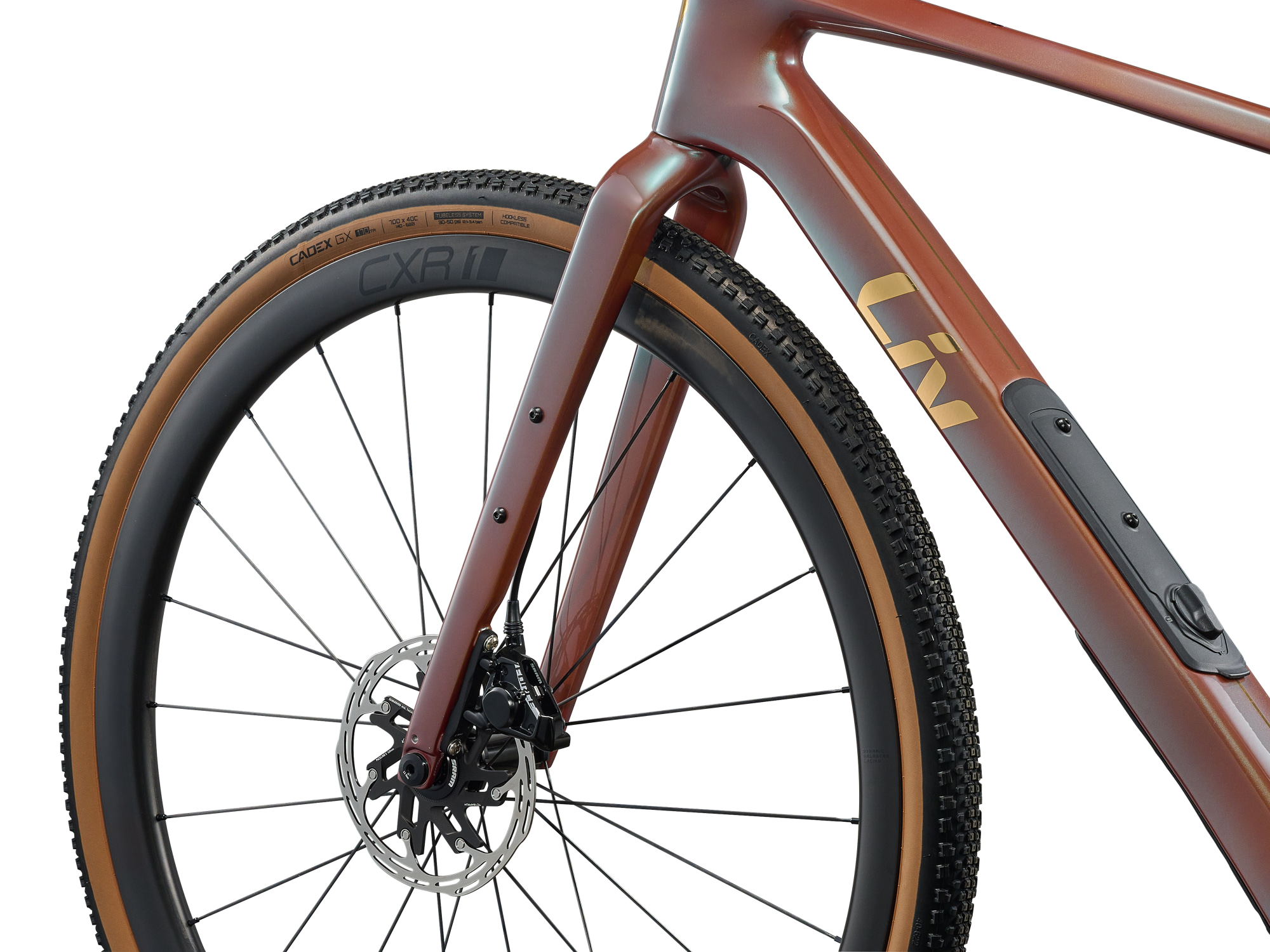 Liv Damen-Gravelbike Devote Advanced Pro mit Carbon-Rahmen, -Gabel und -Laufrädern in rotbraun mit goldener Aufschrift, Detailansicht Gabel, vorderes Laufrad und vorderer Rahmen