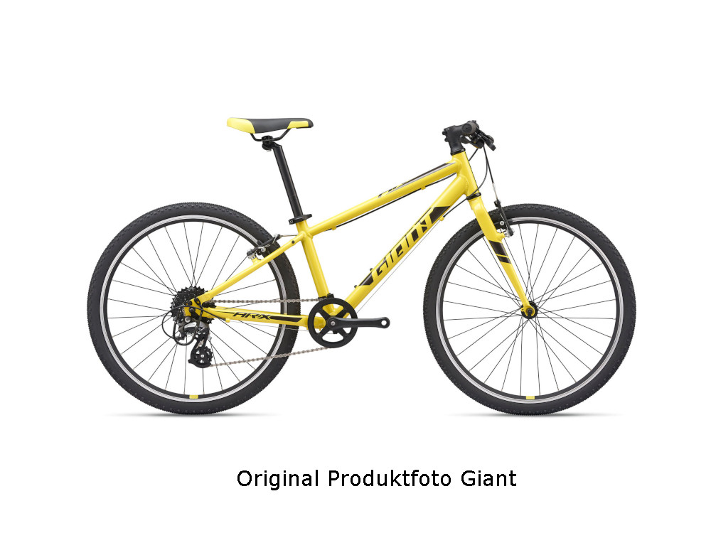 Giant ARX24 Kinder-MTB in Gelb mit Starrgabel und schmalen Reifen.