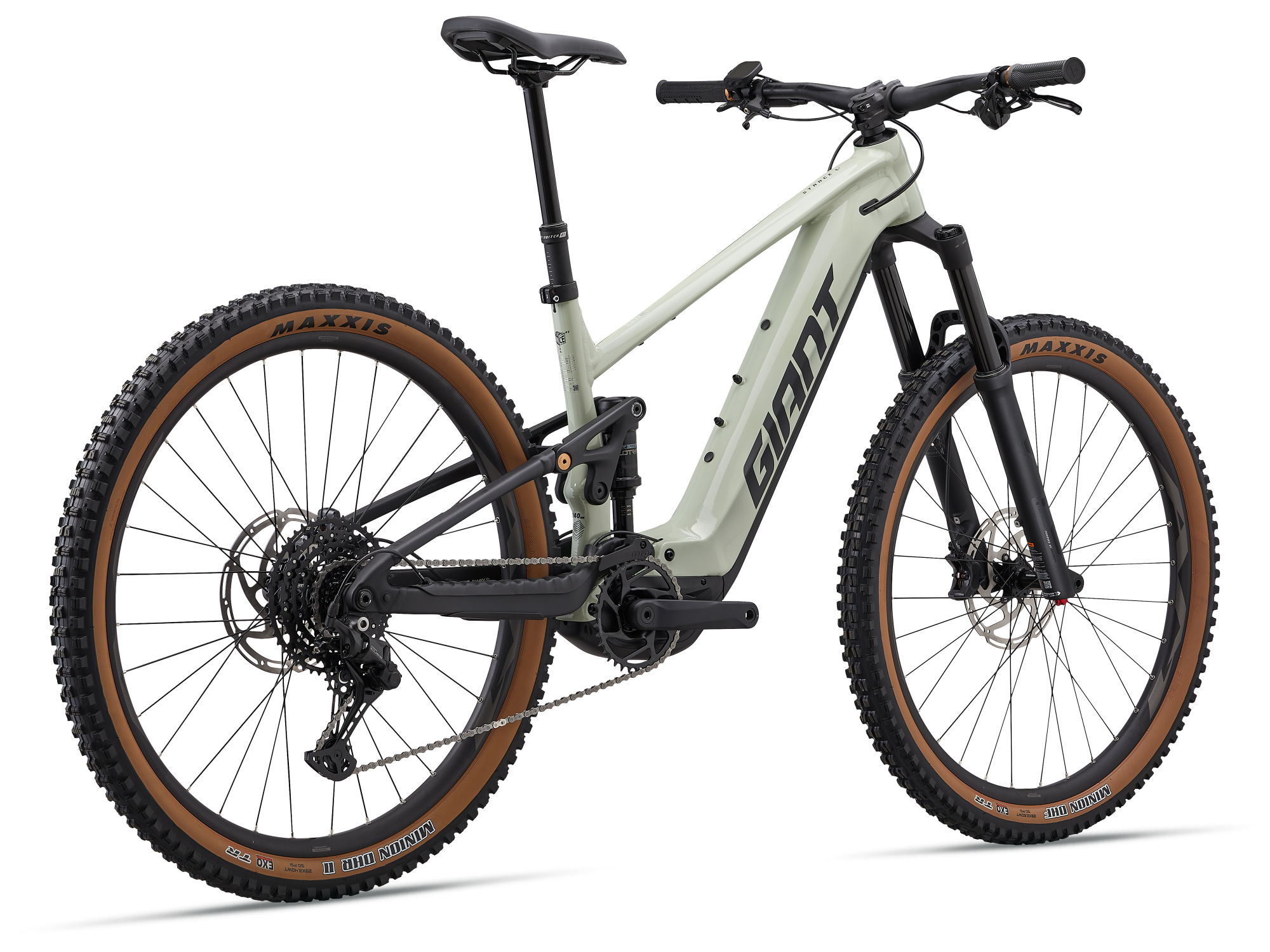 VTT électrique tout-suspendu Giant Stance E+ 2 en blanc cassé, vue trois quarts arrière droit