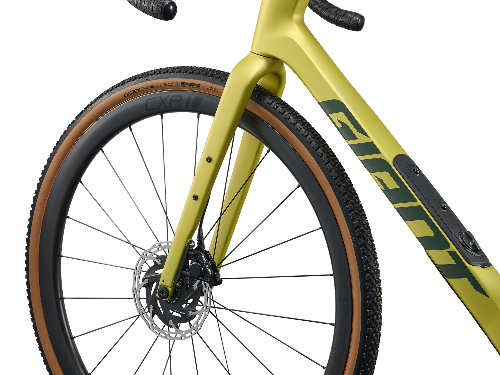 Giant Revolt Advanced PRO 0 Gravelbike aus Carbon in lime-grün, Detailansicht Vorderrad mit Gabel und Scheibenbremse