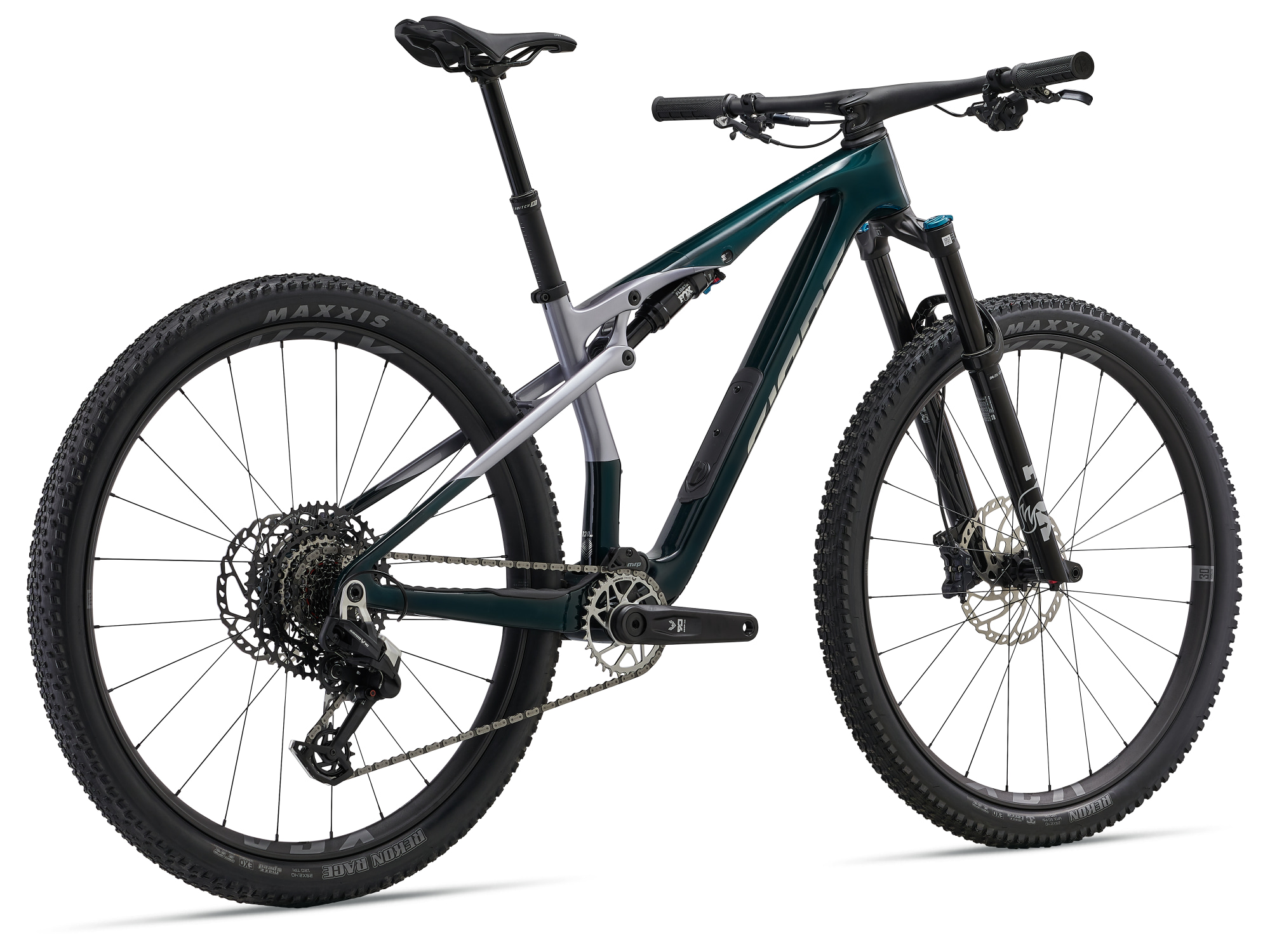 Giant Anthem Advanced SL 2 Full-Suspension MTB aus Carbon in dunkelgründ-silber, Ansicht schräg von hinten