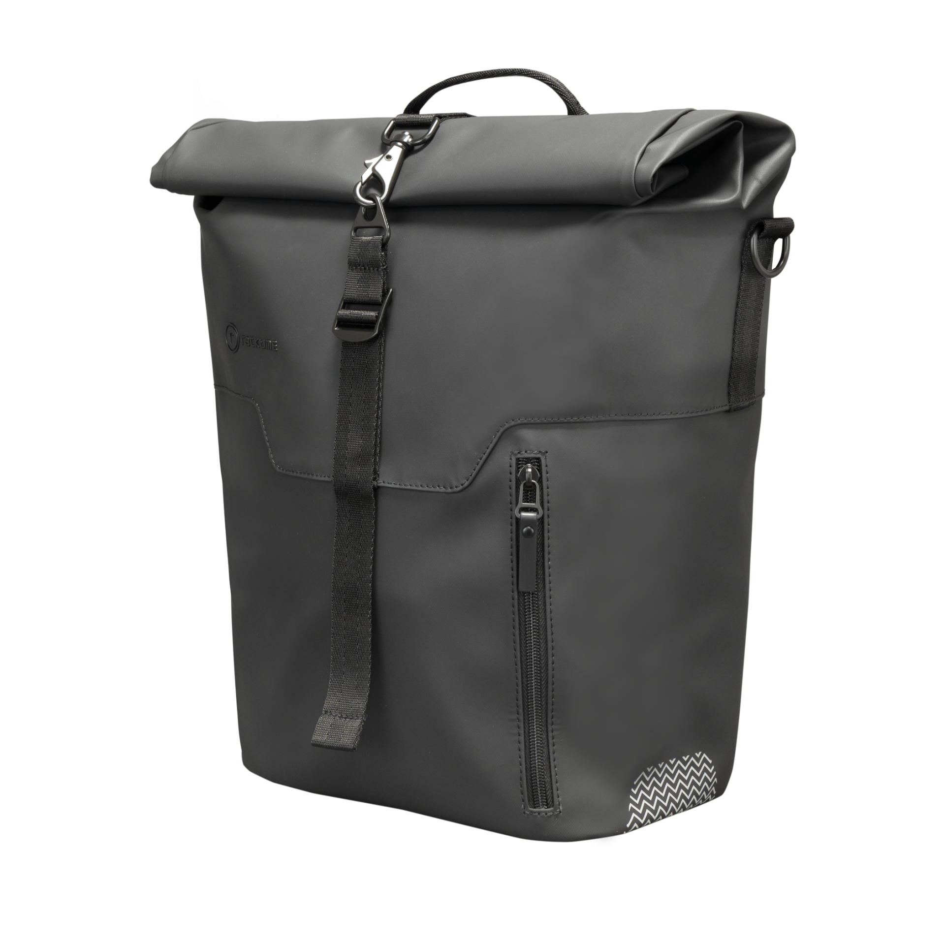  Racktime Jerry Gepaecktraegertasche in Schwarz, Seitenansicht mit Rollverschluss und seitlichem Reissverschluss.