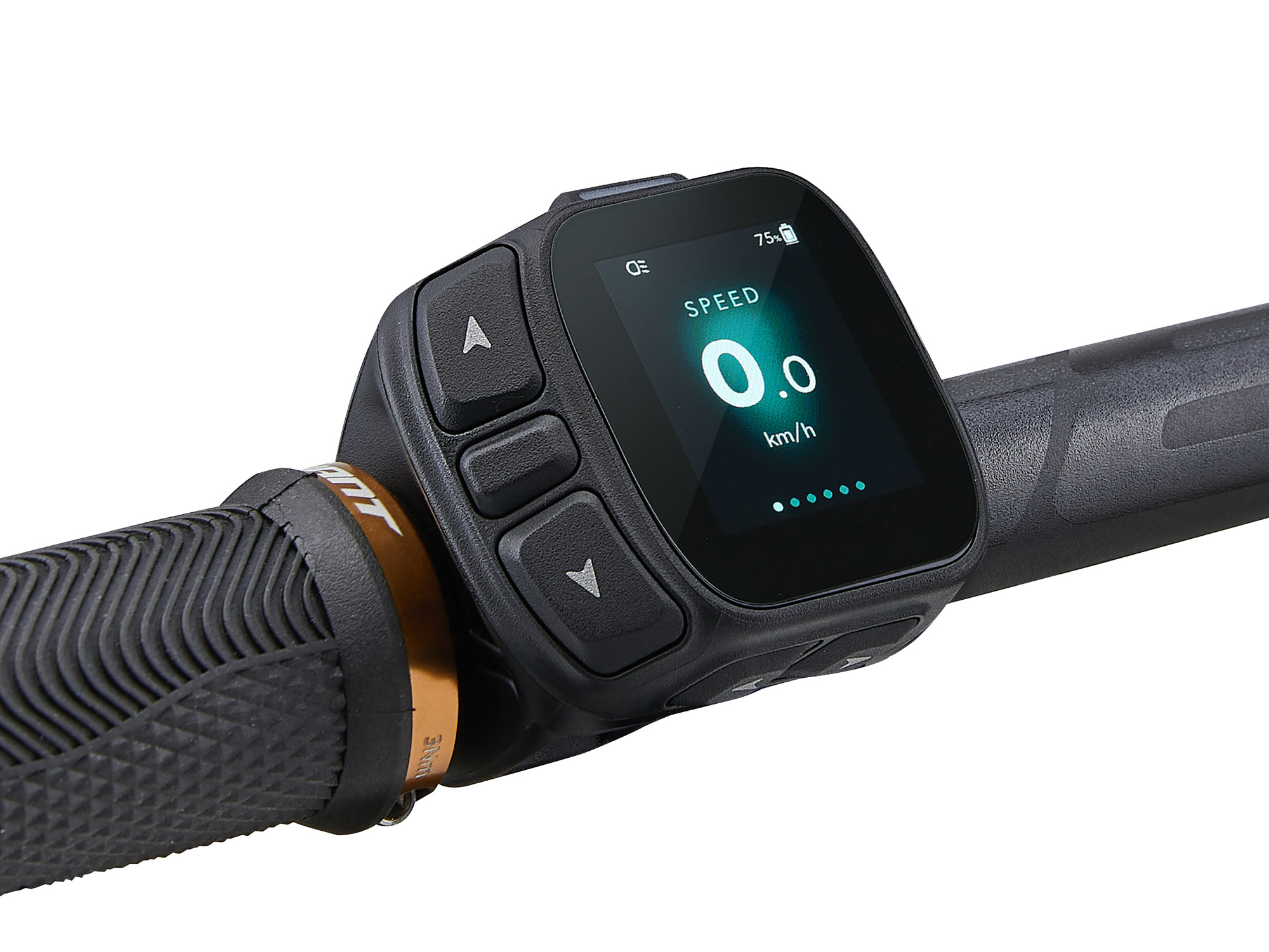 Giant Stance E+ 2 E‑MTB in Desert Sage mit Lenkerdisplay und Bedieneinheit.