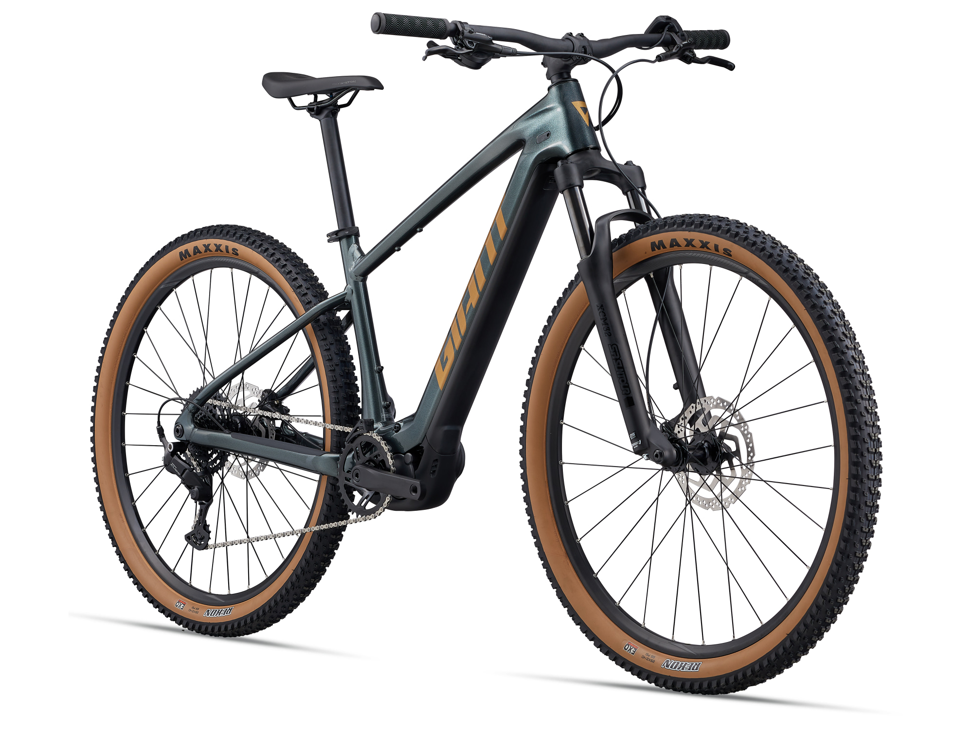 VTT électrique semi-rigide Giant Talon E+ en vert foncé, vue trois-quarts avant droit