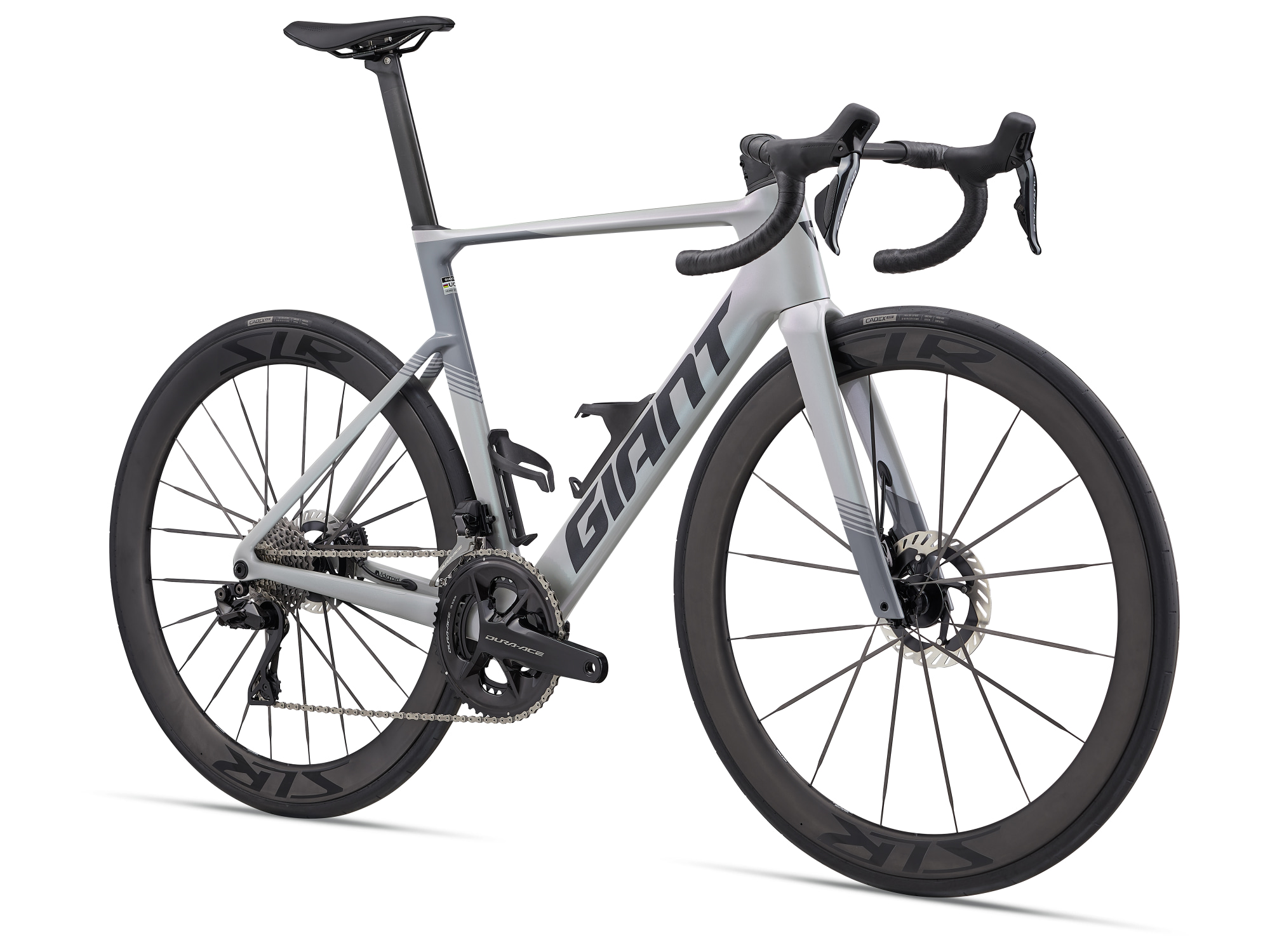 Vélo route aéro carbone Giant Propel Advanced Pro DA en gris (supernova grey), vue côté transmission (trois quarts avant)