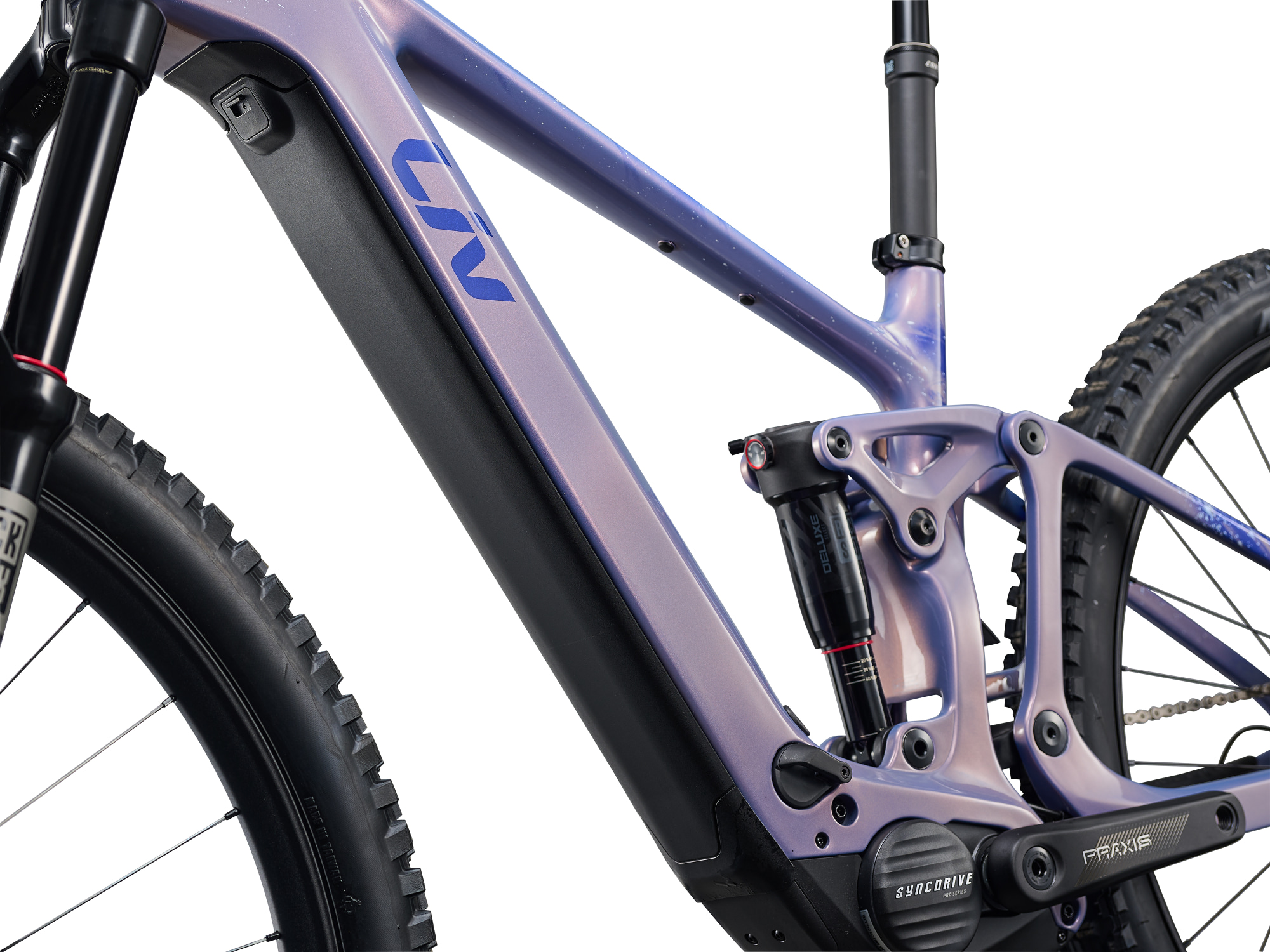Liv Intrigue Advanced E+ 2 E-Mountainbike mit RockShox Dämpfer und Hinterbau-Detail.