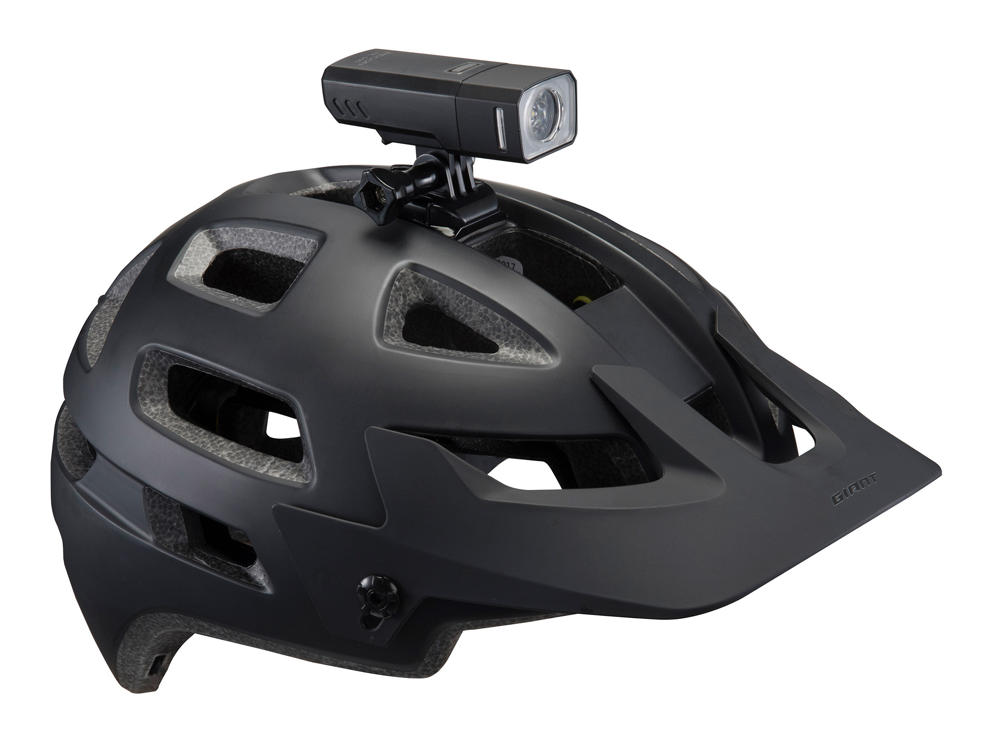 Giant Recon GoPro Helmhalterung in Schwarz mit montiertem Frontlicht auf Fahrradhelm in Detailansicht. [SEO Guidel...loplace.ch | Word], [V2. Vorlag...Guideline) | Word]