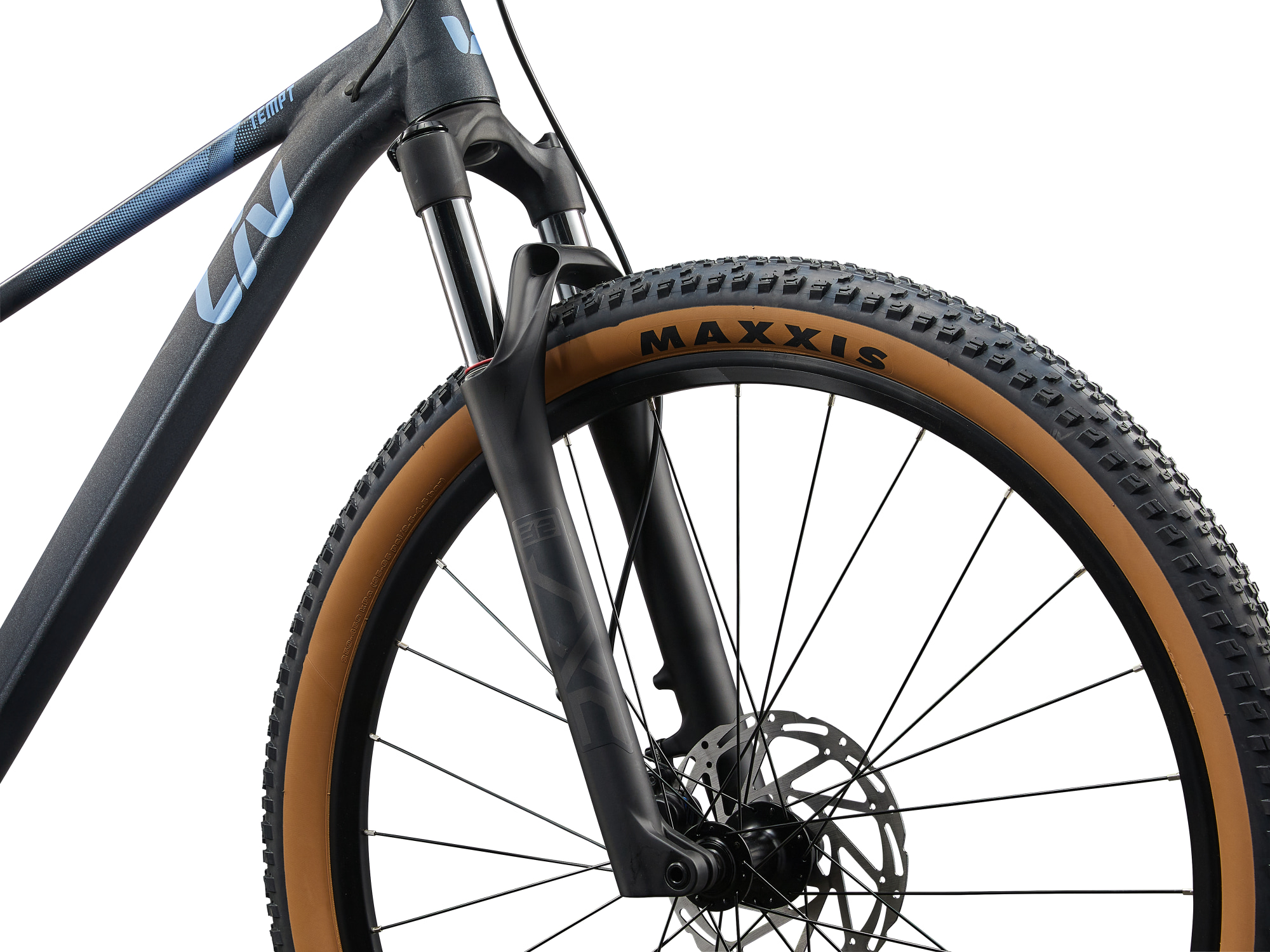 Liv Damen-MTB Hardtail in dunklem grau mit hellblauer Aufschrift, Detailansicht Gabel und vorederes Laufrad