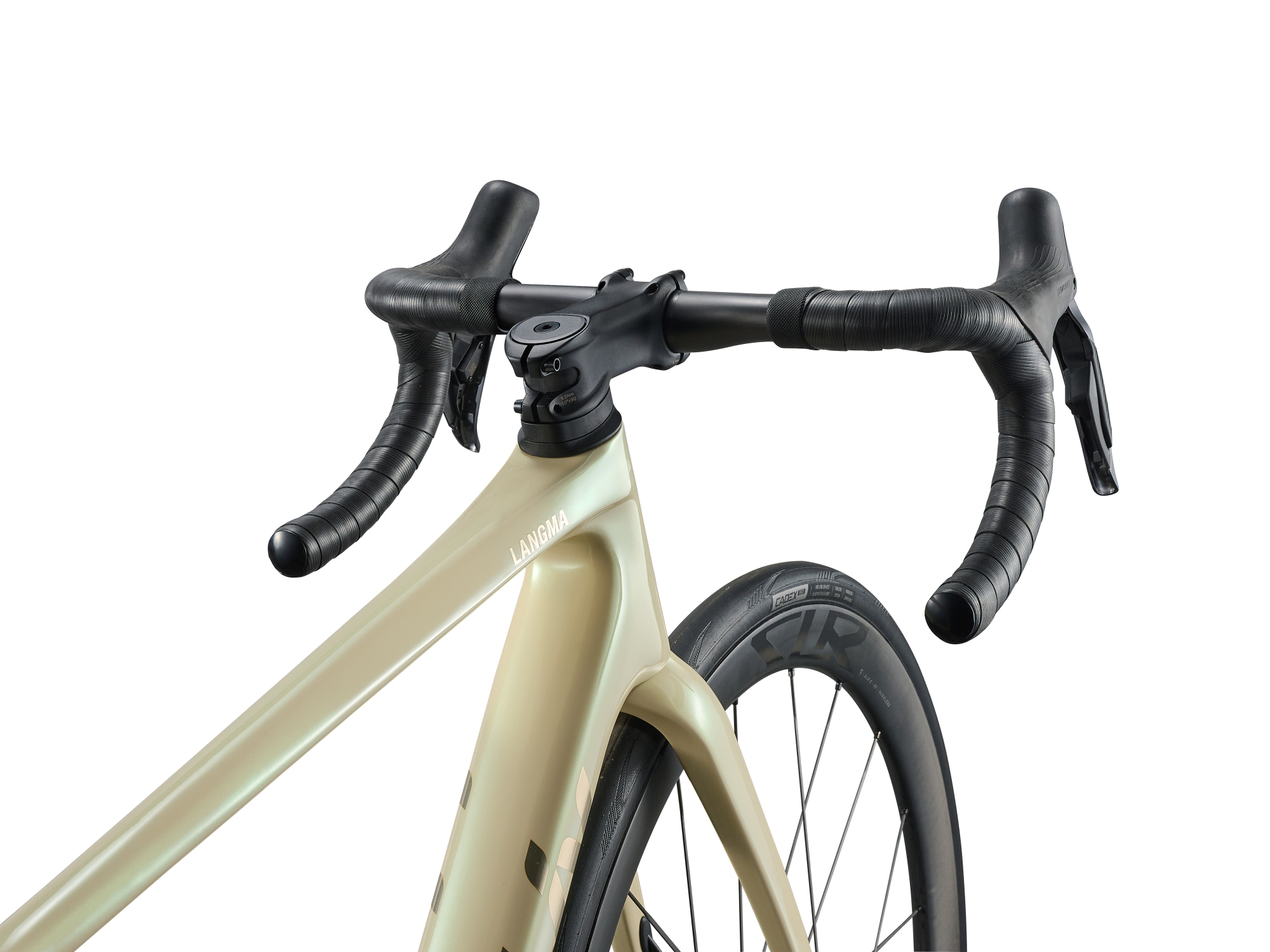 Liv Langma Advanced Pro 0 QOM Rennvelo in Desert Pearl mit Langma-Schriftzug und integriertem Cockpit