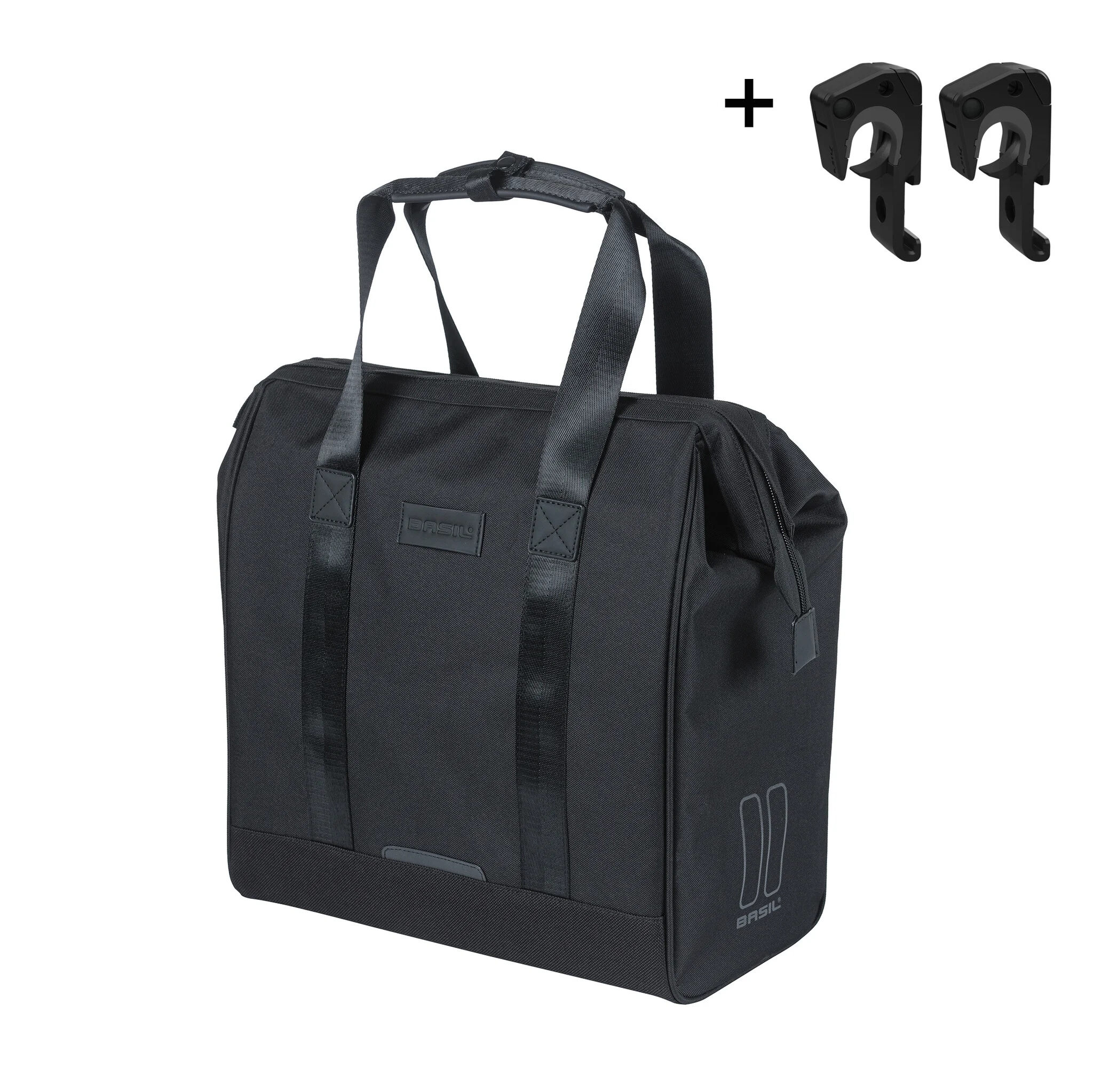 Basil Grand Fahrradshopper in Schwarz mit MIK‑Hook‑Befestigung und strukturierter Oberfläche.