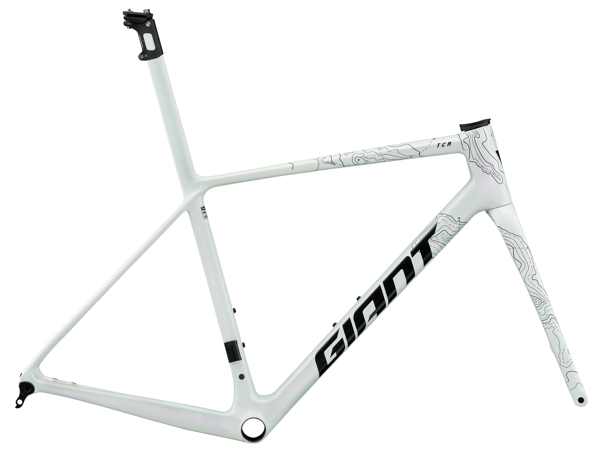 Giant Rennrad-Rahmen und Gabel, TCR Advanced SL aus Carbon in weiss mit schwarzer Aufschrifft und geographischen Linien
