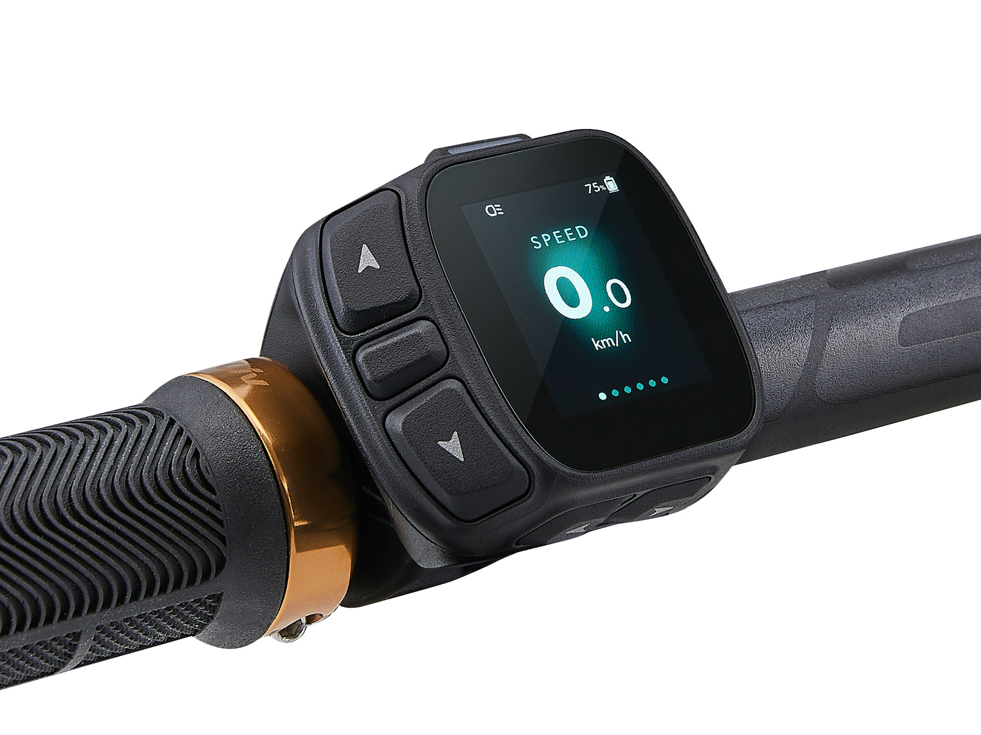 Liv Embolden E+ 1 E‑MTB in Pale Moss mit Display und Bedieneinheit am Lenker.